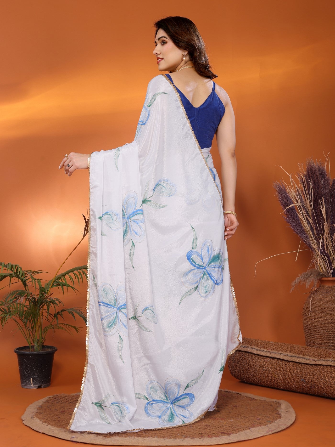 White Chinon Chiffon Saree With Printed Design And Foil Work