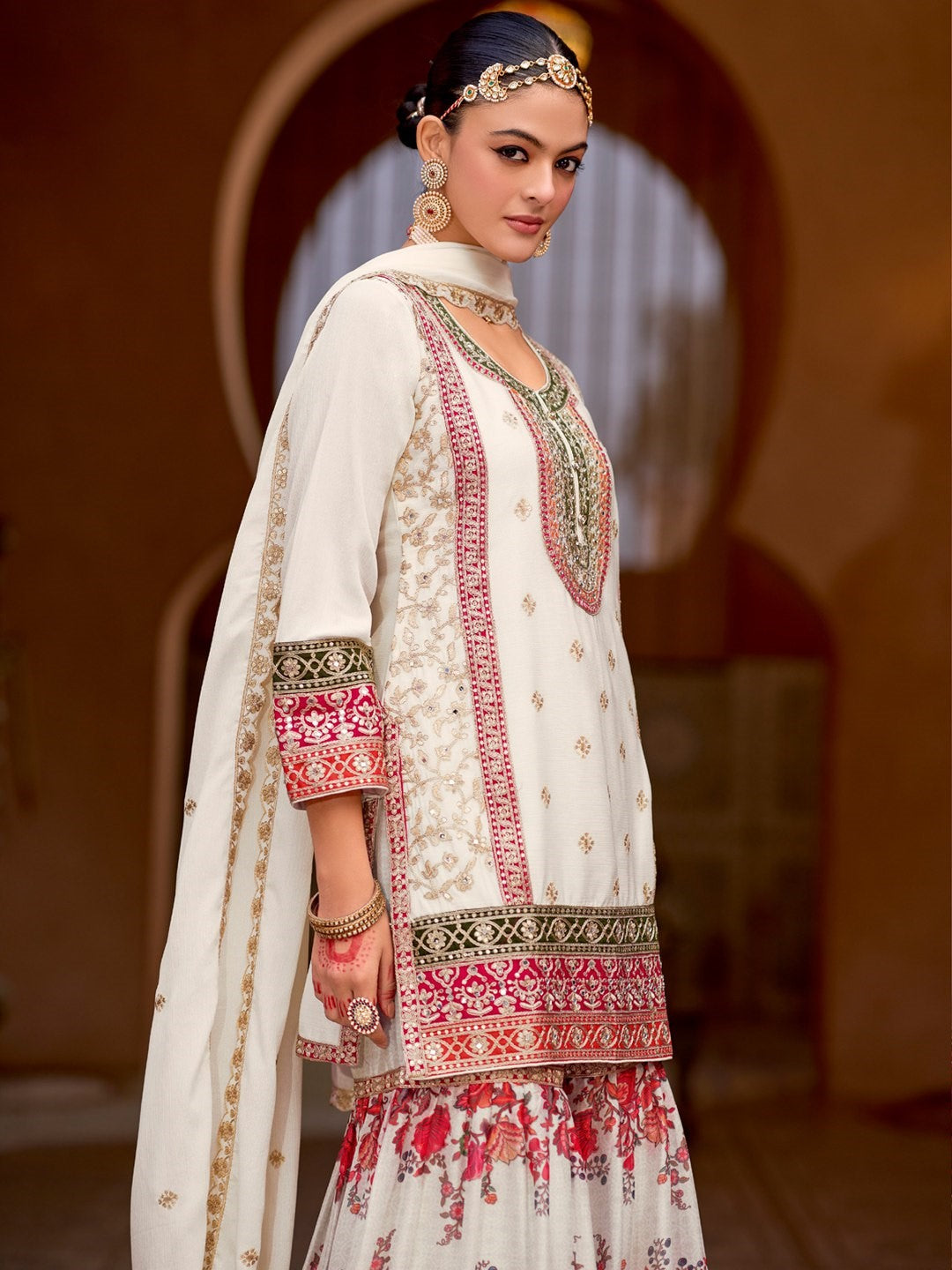 White Chinon Designer Suit Set With Elegant Embroidery