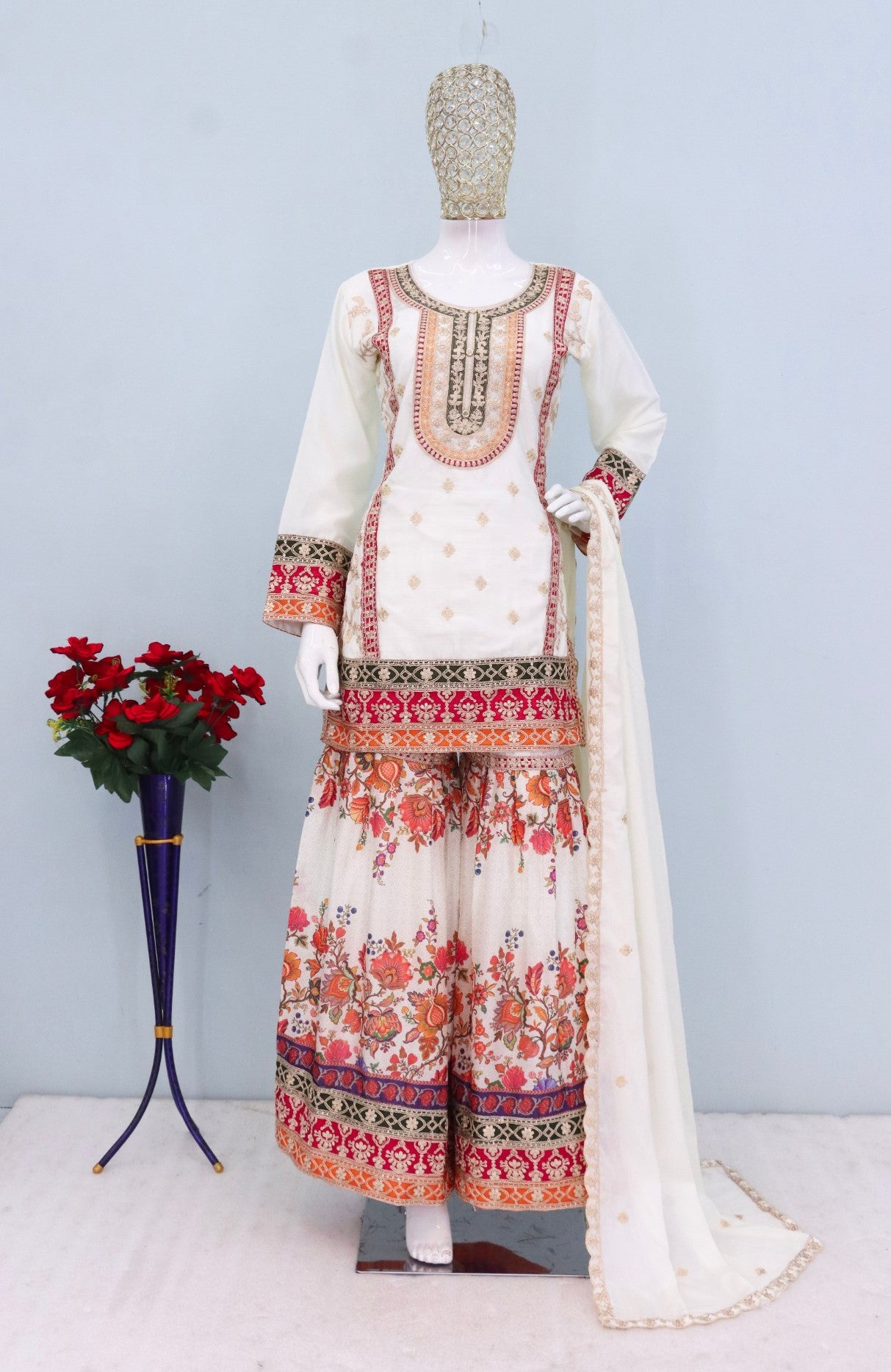 White Chinon Designer Suit Set With Elegant Embroidery