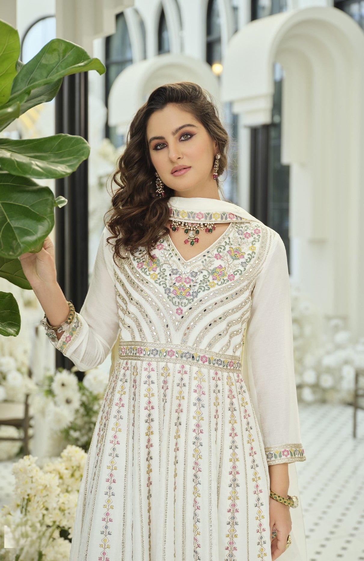 White Chinon Designer Suit Set With Elegant Embroidery