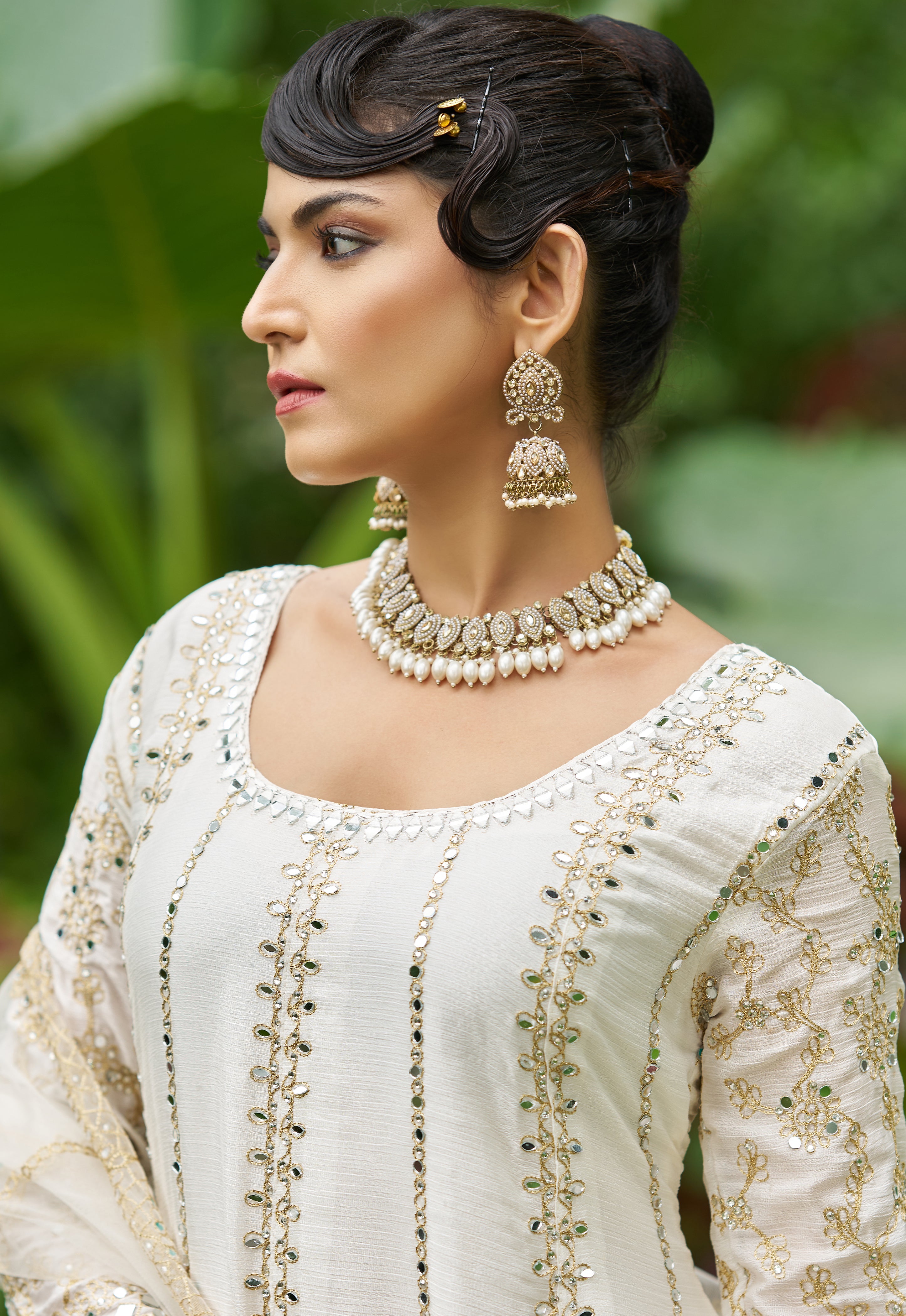 White Chinon Silk Salwar Suit With Real Mirror Work