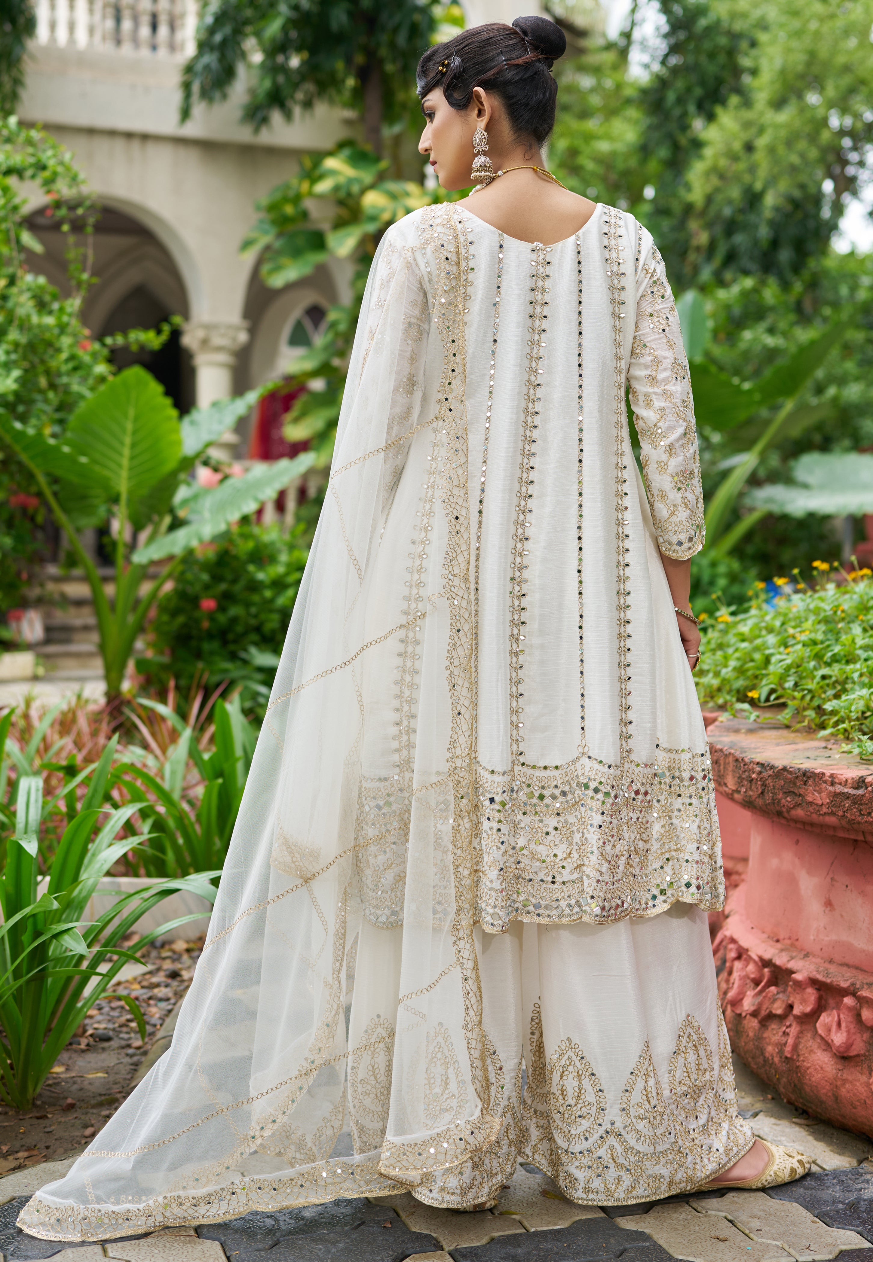 White Chinon Silk Salwar Suit With Real Mirror Work
