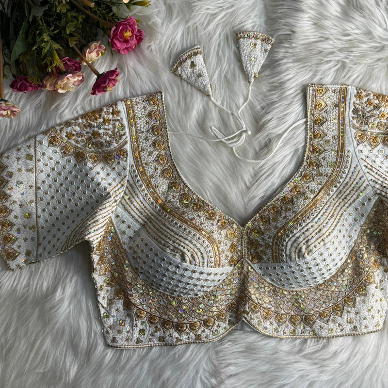 White Designer Bridal Blouse with Heavy Stars, Rainbow & Sequins Work Roman Silk