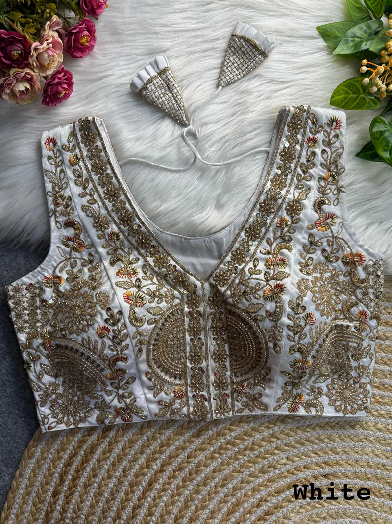 White Designer Heavy Handwork V-Neck Bridal Blouse