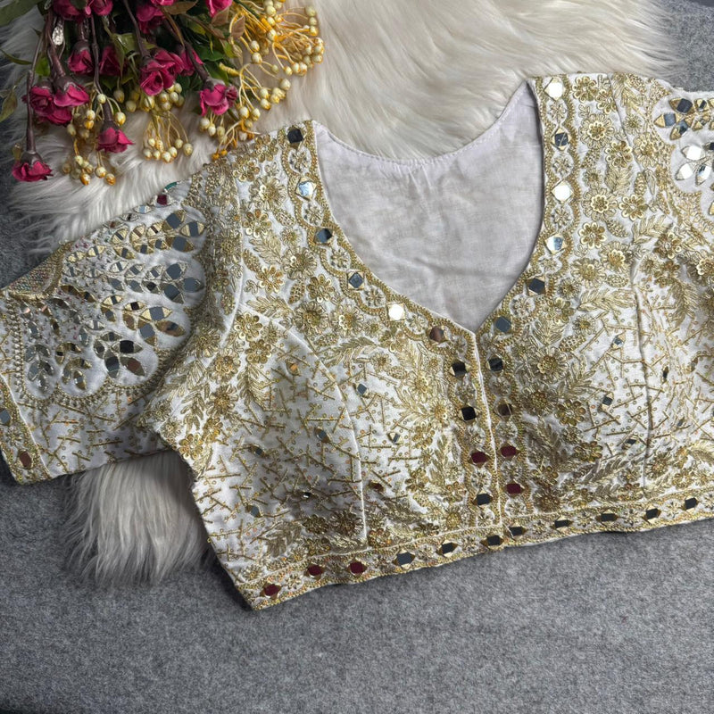 White Designer Roman Silk Bridal Blouse with Mayur Mirror Work & Sequence Thread Work, Embroidery & Sequins
