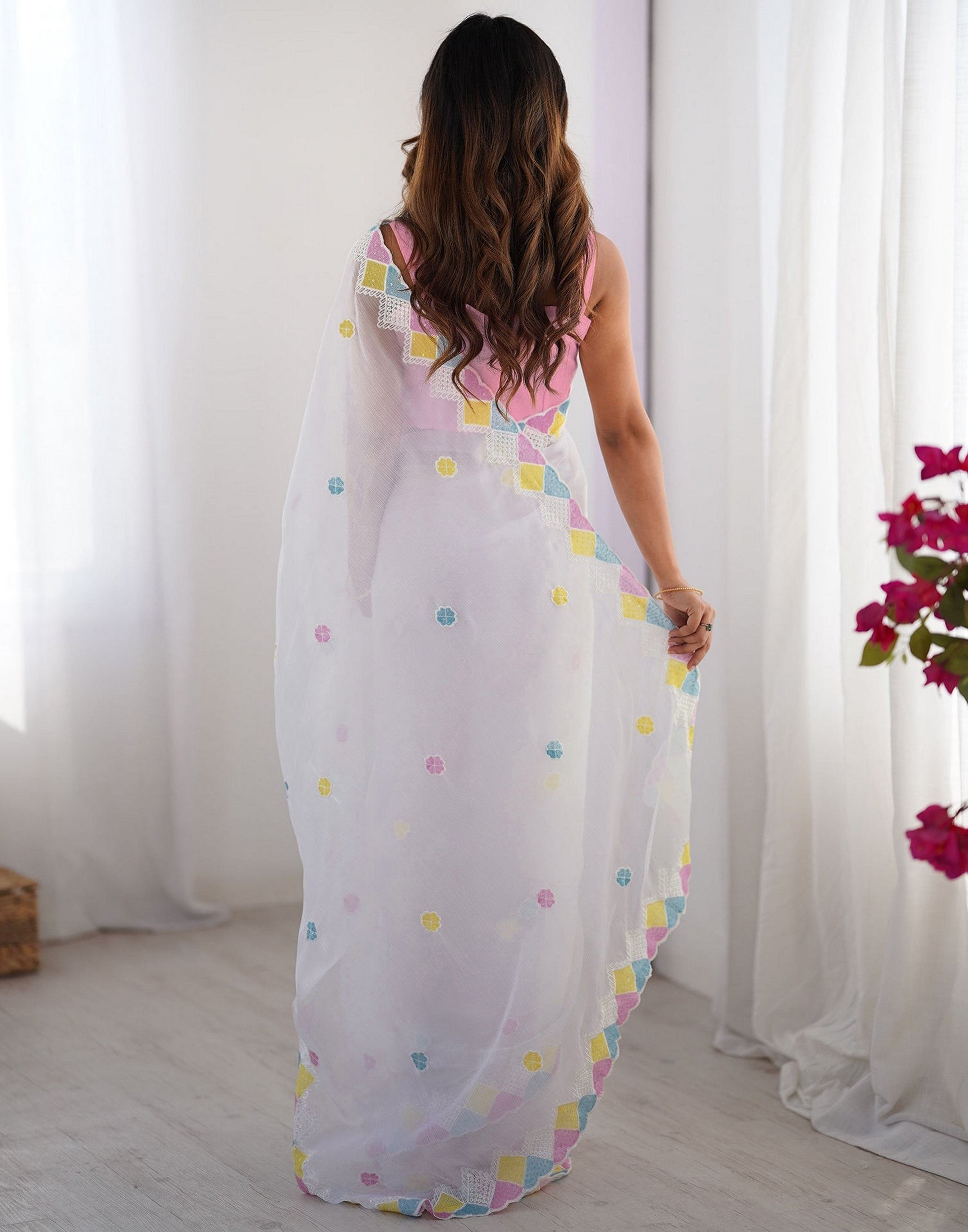 White Fancy Embroidery Work Jimmy Choo Girlie Bollywood Saree