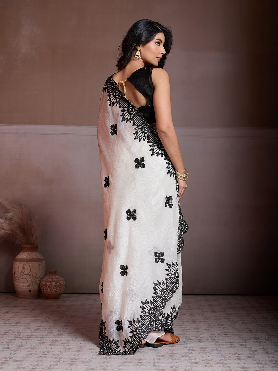 White Fendy Chiffon Saree With Embroidery Elegant Classic Saree