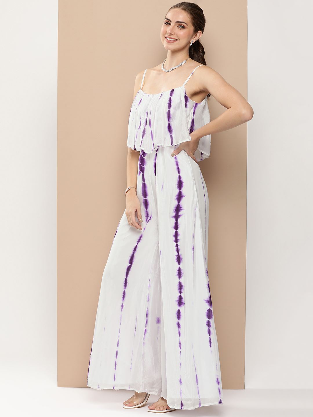 White Georgette Jumpsuits with Tie N Dye Shibori Print