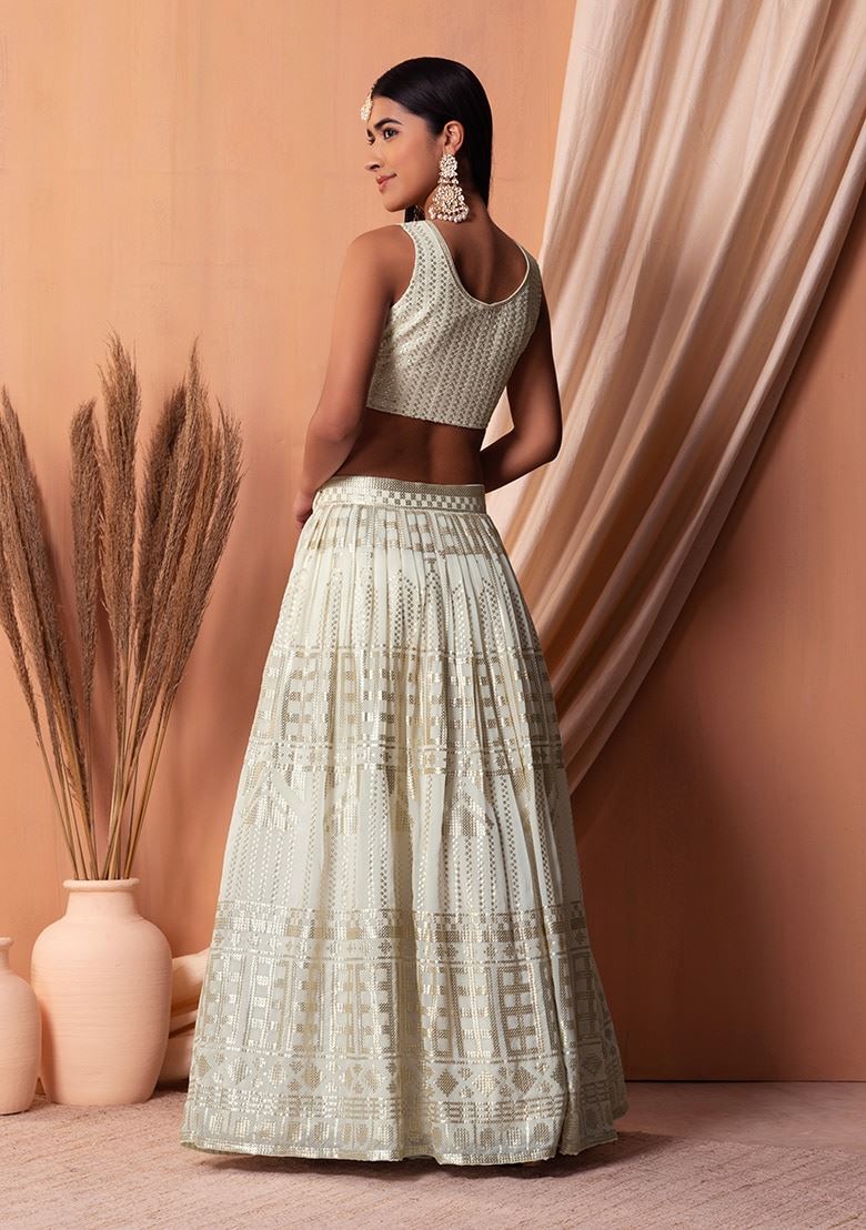 White Georgette Lehenga Choli With Sequins & Thread Embroidery Work
