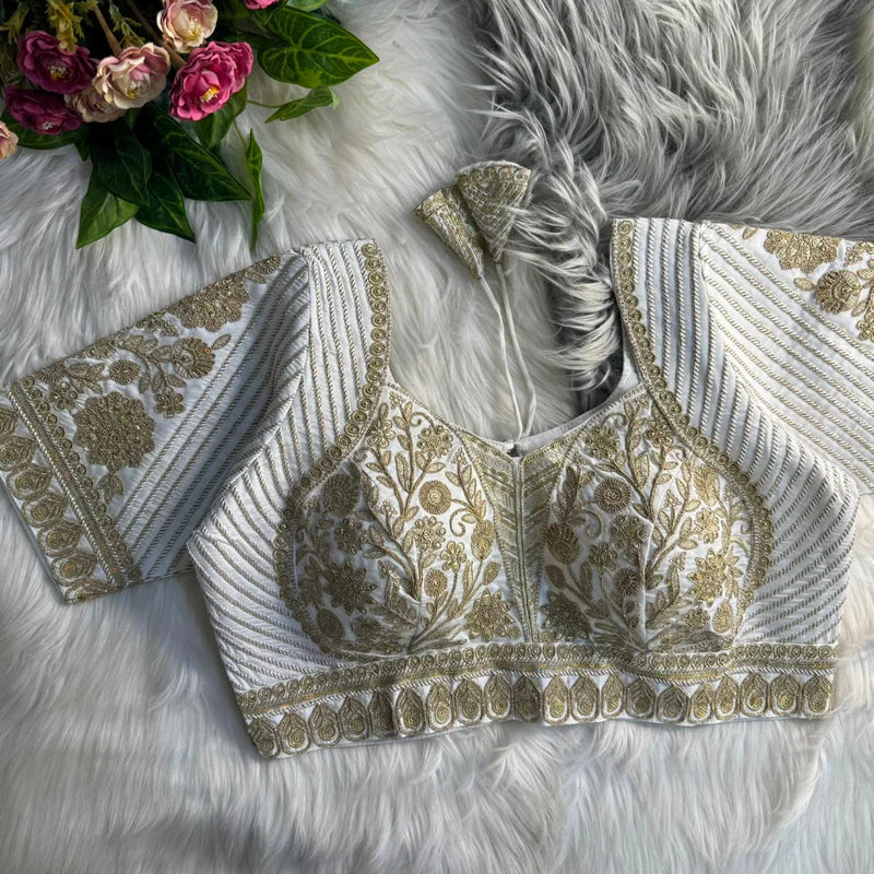 White Heavy Bridal Madhubala Style Italian Silk Blouse with Embroidery & Sequins Work