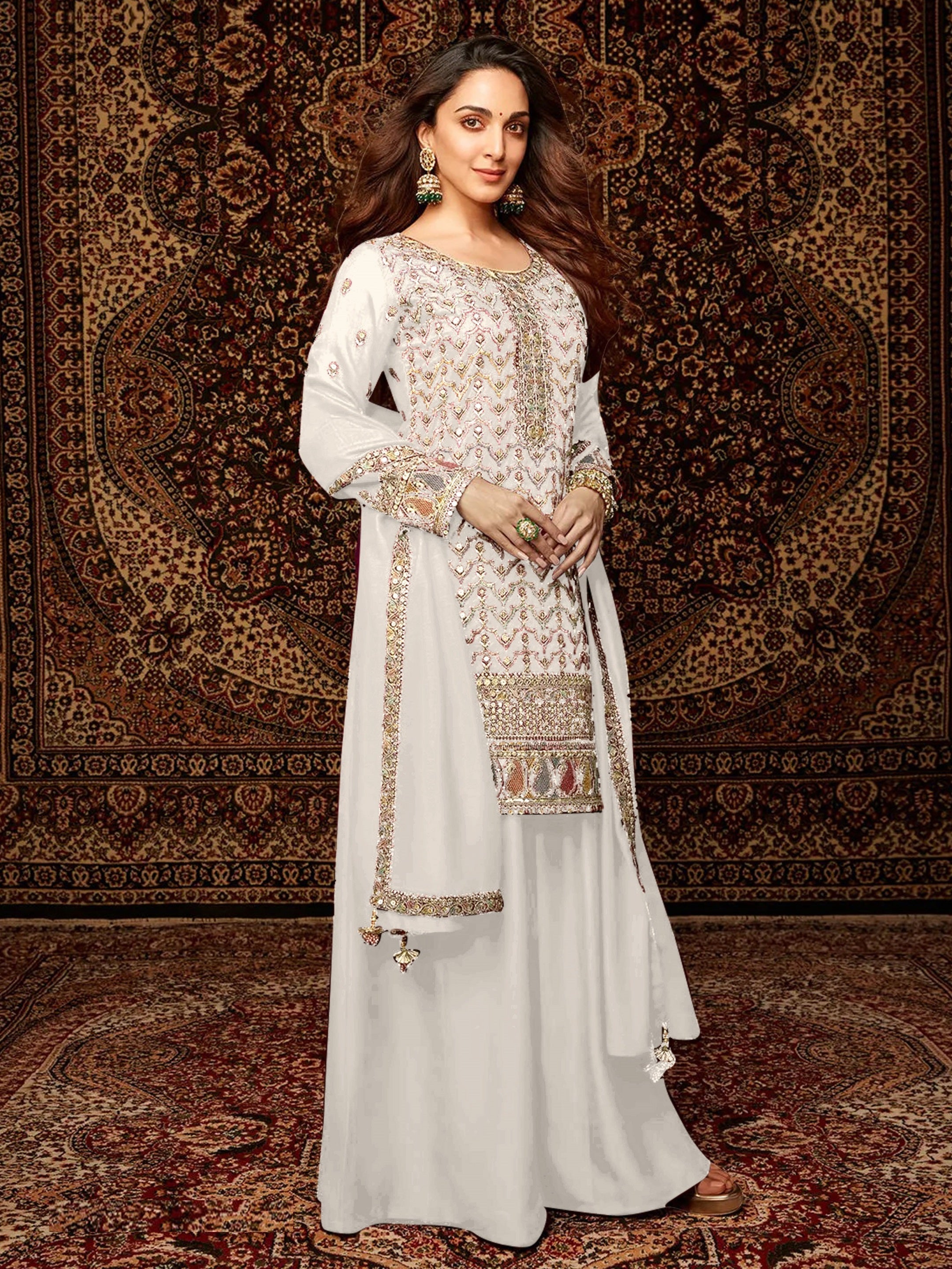 White Heavy Designer Suit With Heavy Embroidery Work