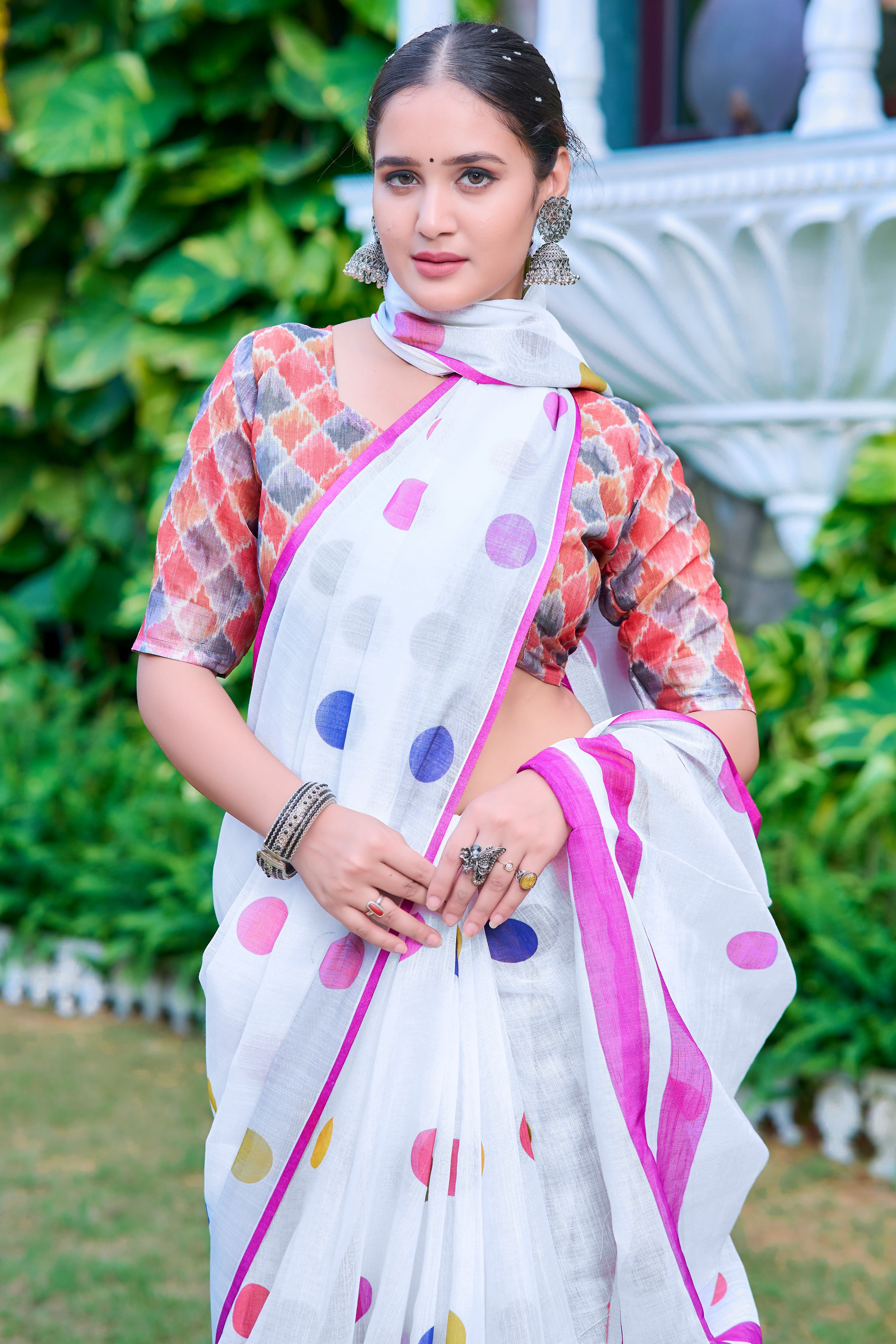 White Linen Cotton Designer Printed Ethnic Festive Saree
