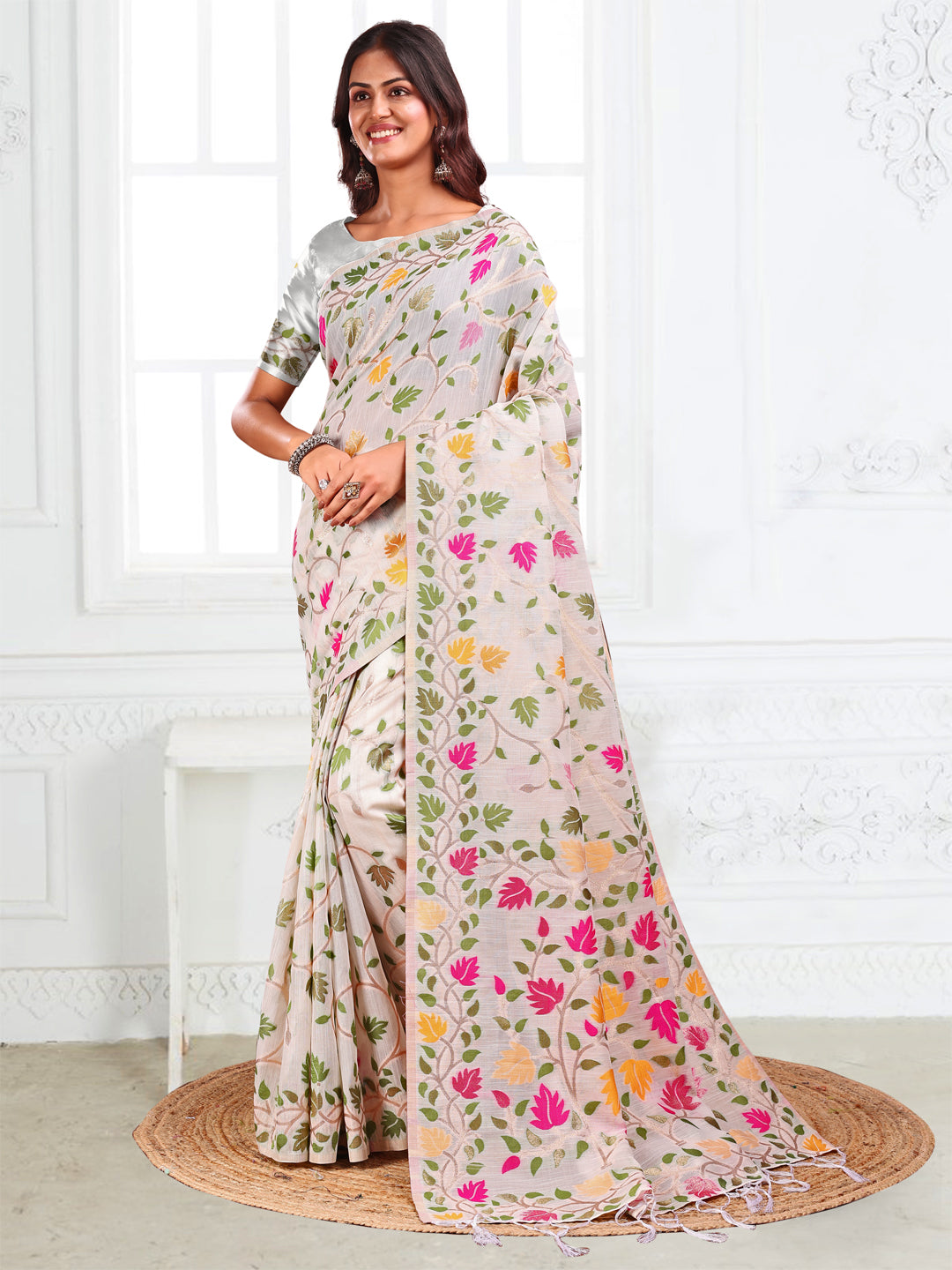 White Linen Cotton Woven Jacquard Designer Fancy Saree