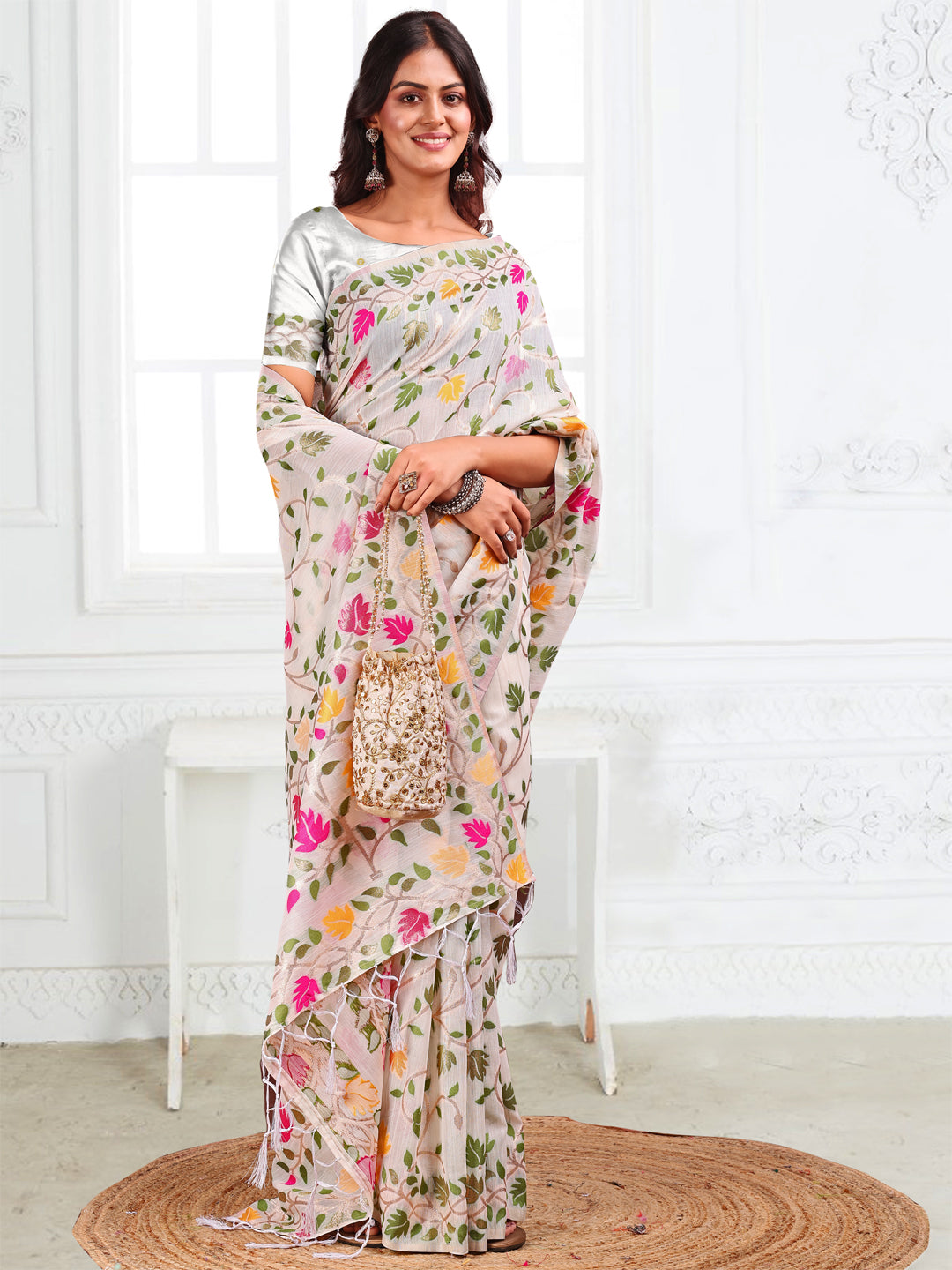 White Linen Cotton Woven Jacquard Designer Fancy Saree