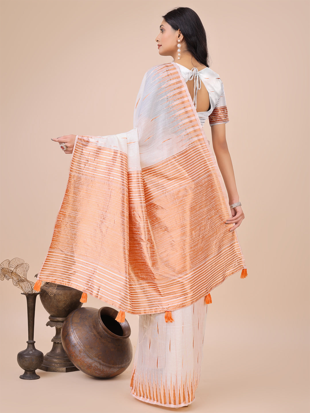 White Linen Cotton Woven Jacquard Designer Festive Wear Saree