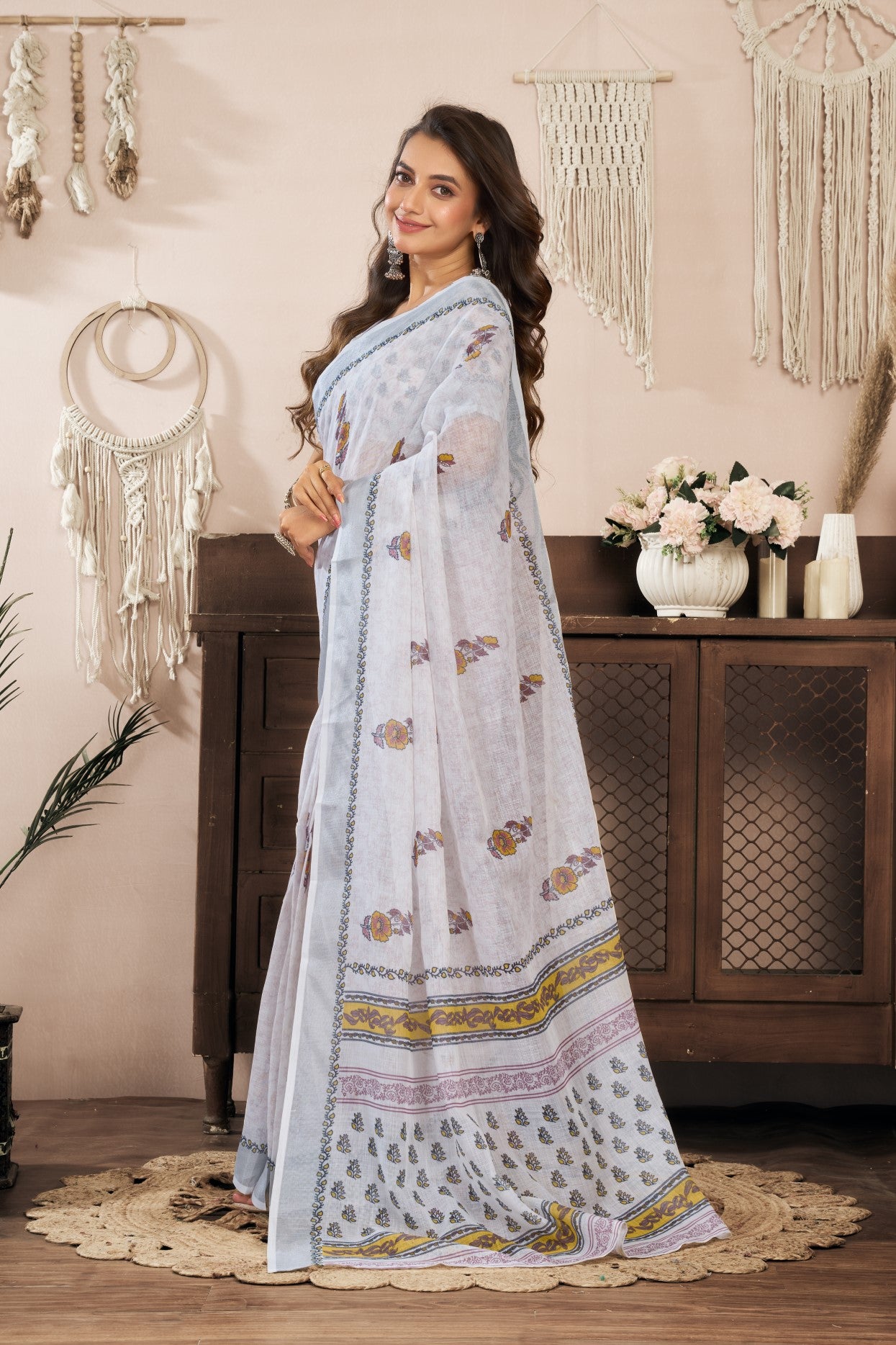 White Linen Ready To Wear Saree With Zari Border Printed