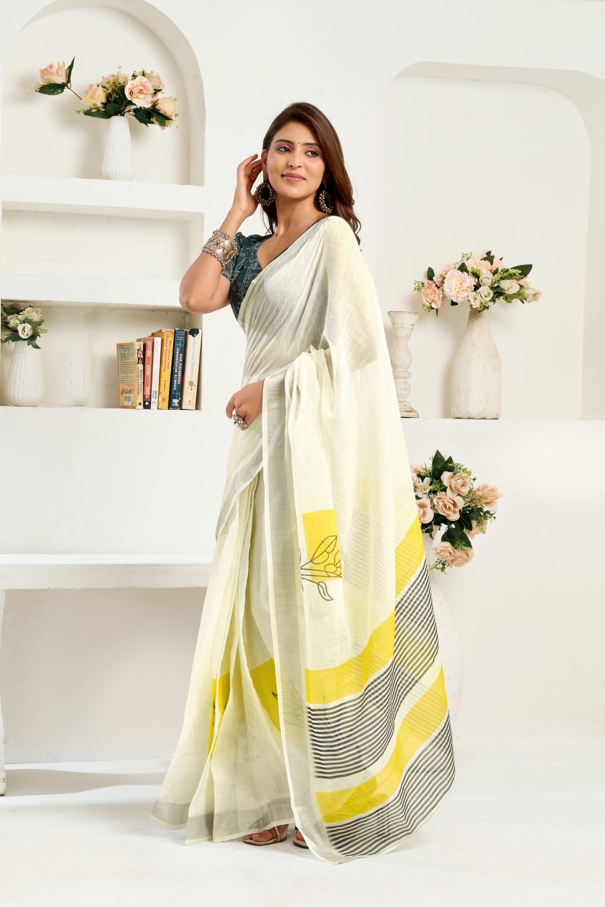 White Linen Ready To Wear Saree With Zari Border Printed