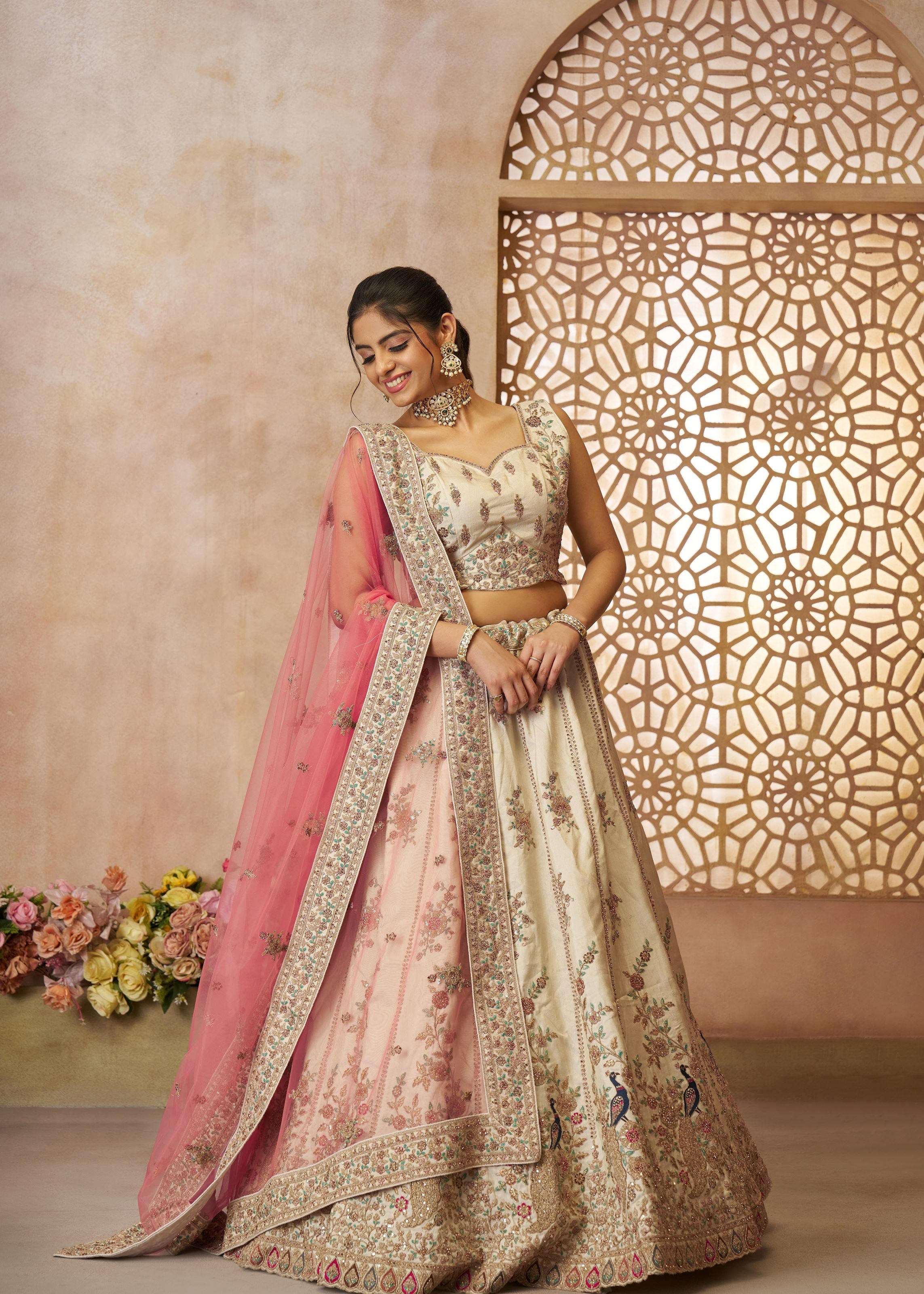 White Modern Zari Silk Fabric With Sequins and Thread Embroidery Work