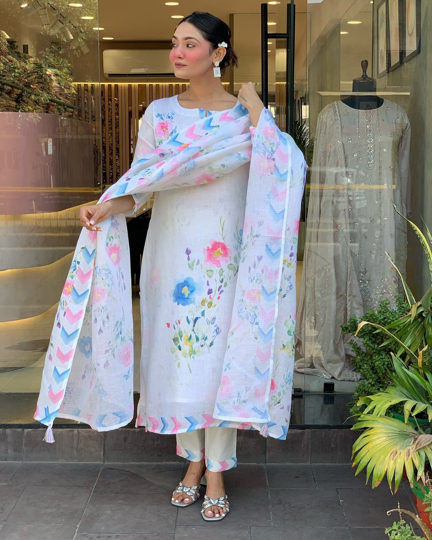 White Pure Linen Kurta Pant Set Printed