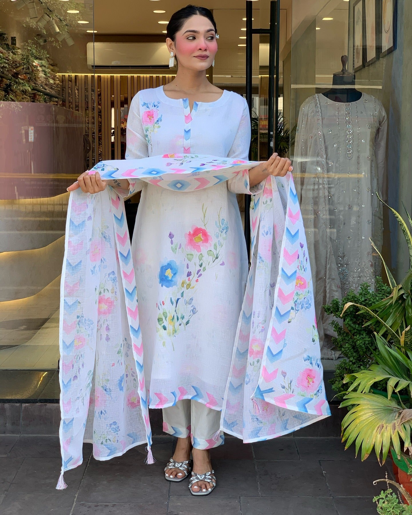 White Pure Linen Kurta Pant Set Printed