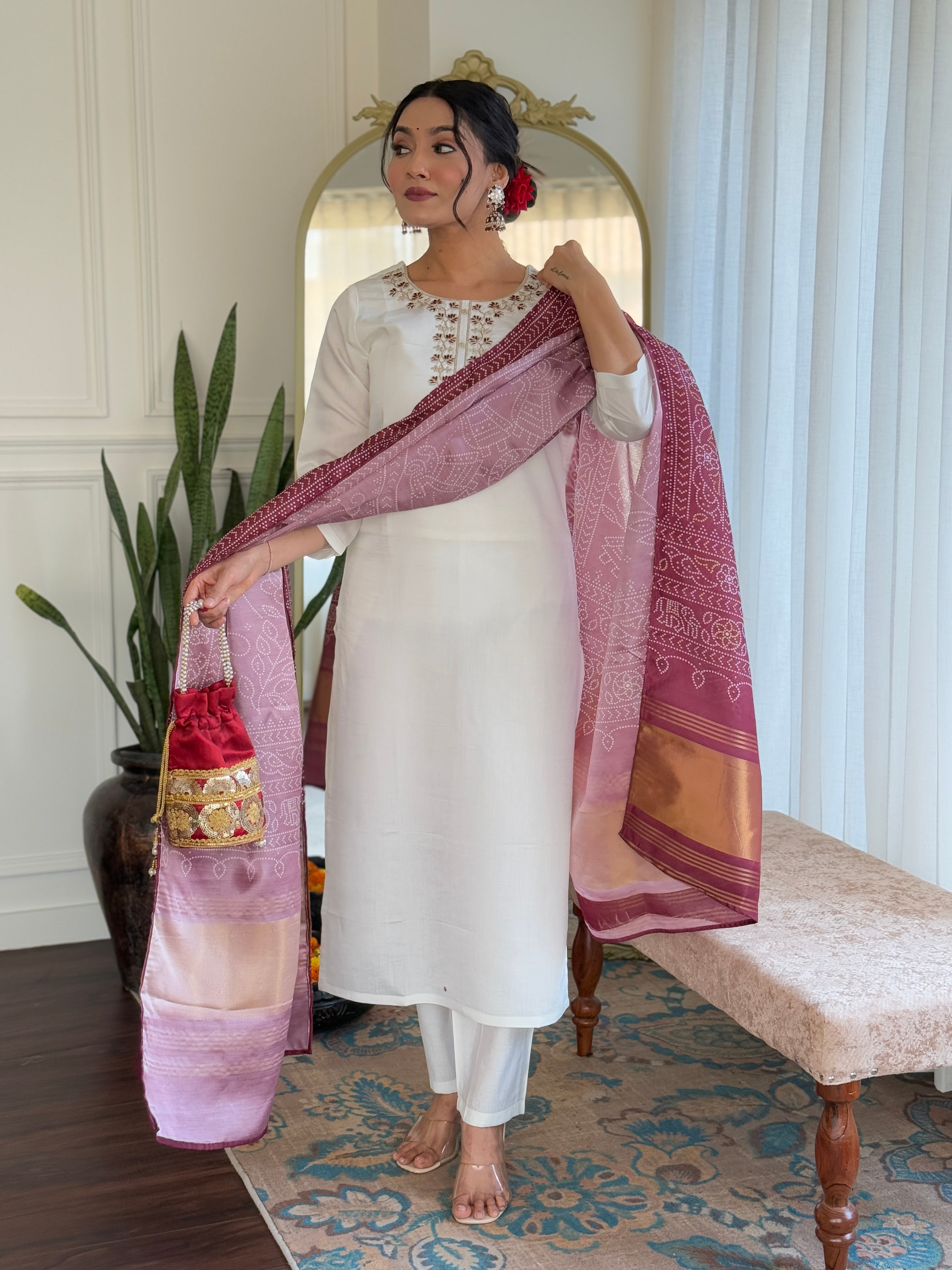 White Roman Silk Elegant Kurta Pant Set With Embroidery Work