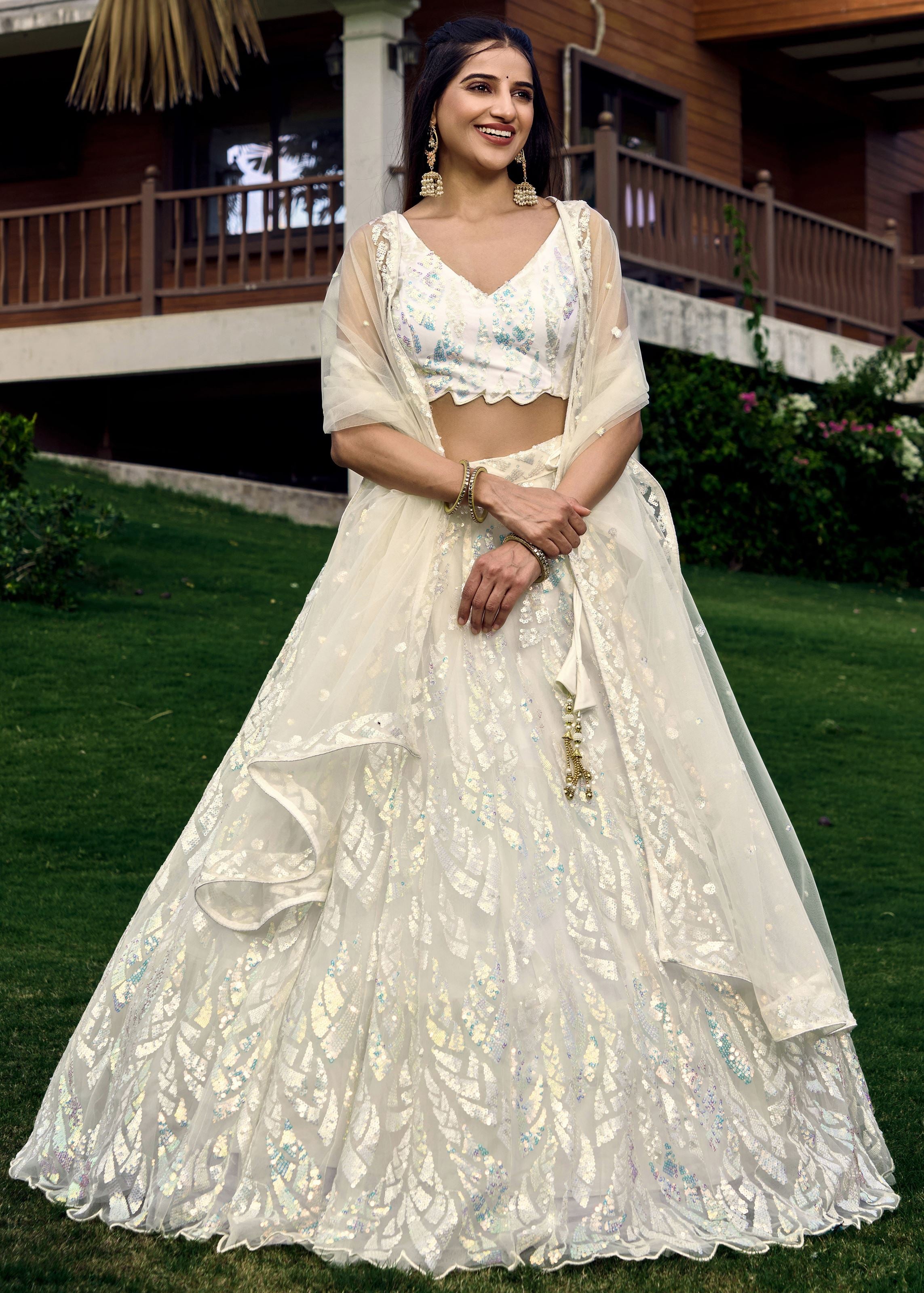 White Soft Net Lehenga Choli With Multiple Sequins, Thread Embroidery Work
