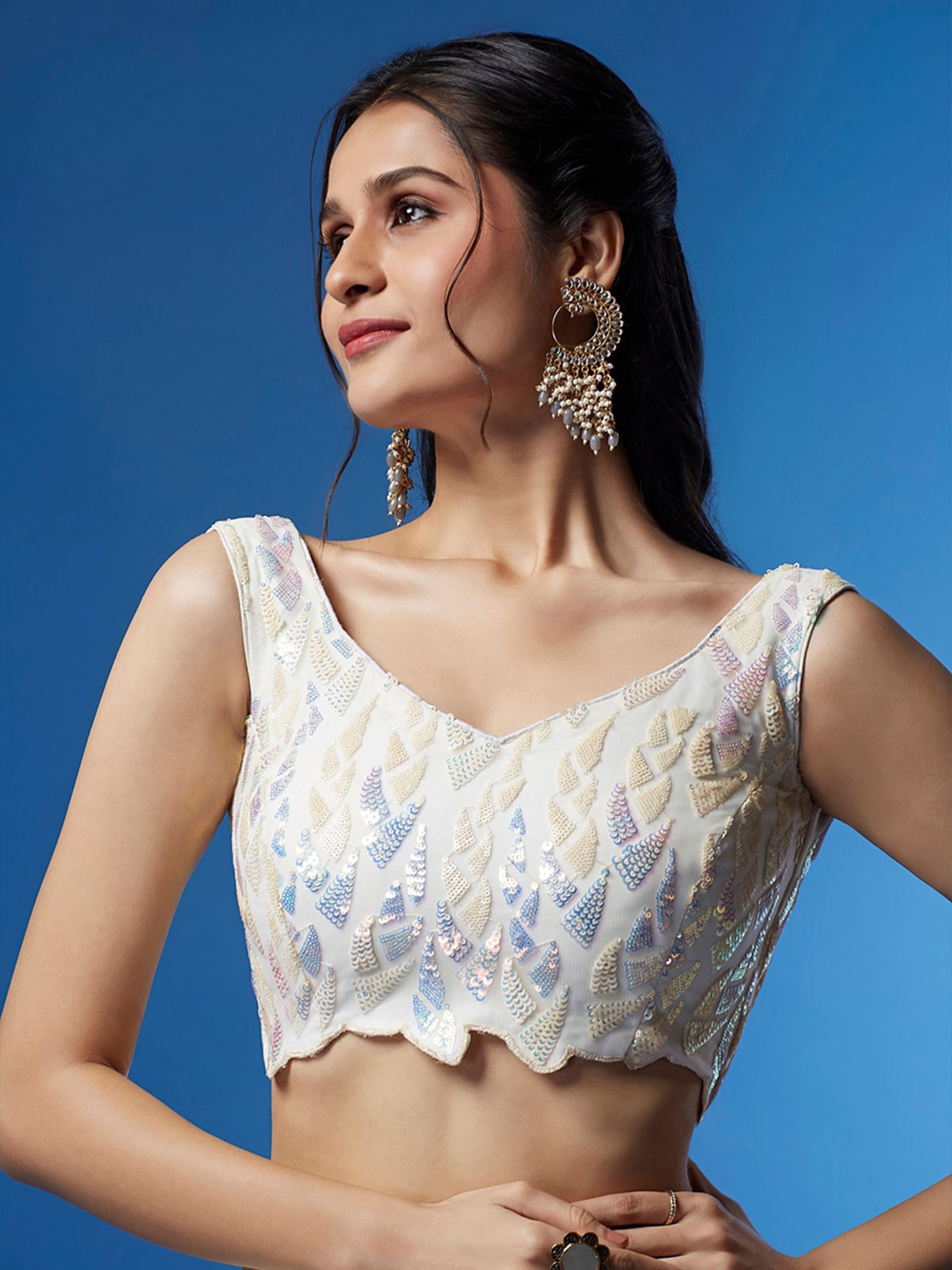 White Soft Net Lehenga Choli With Multiple Sequins, Thread Embroidery Work