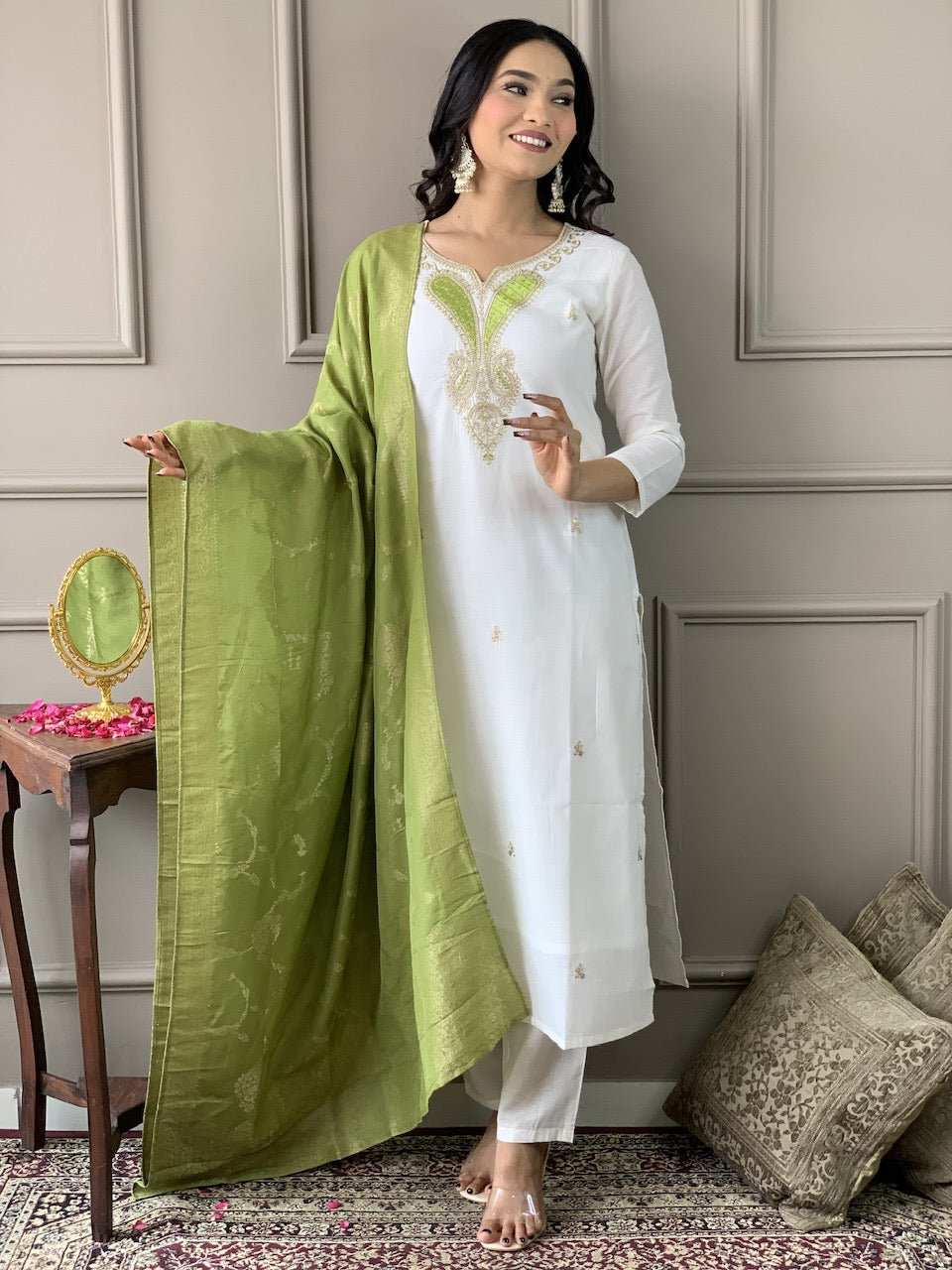 White Viscose Blend Elegant Kurta Pant Set With Embroidery Work
