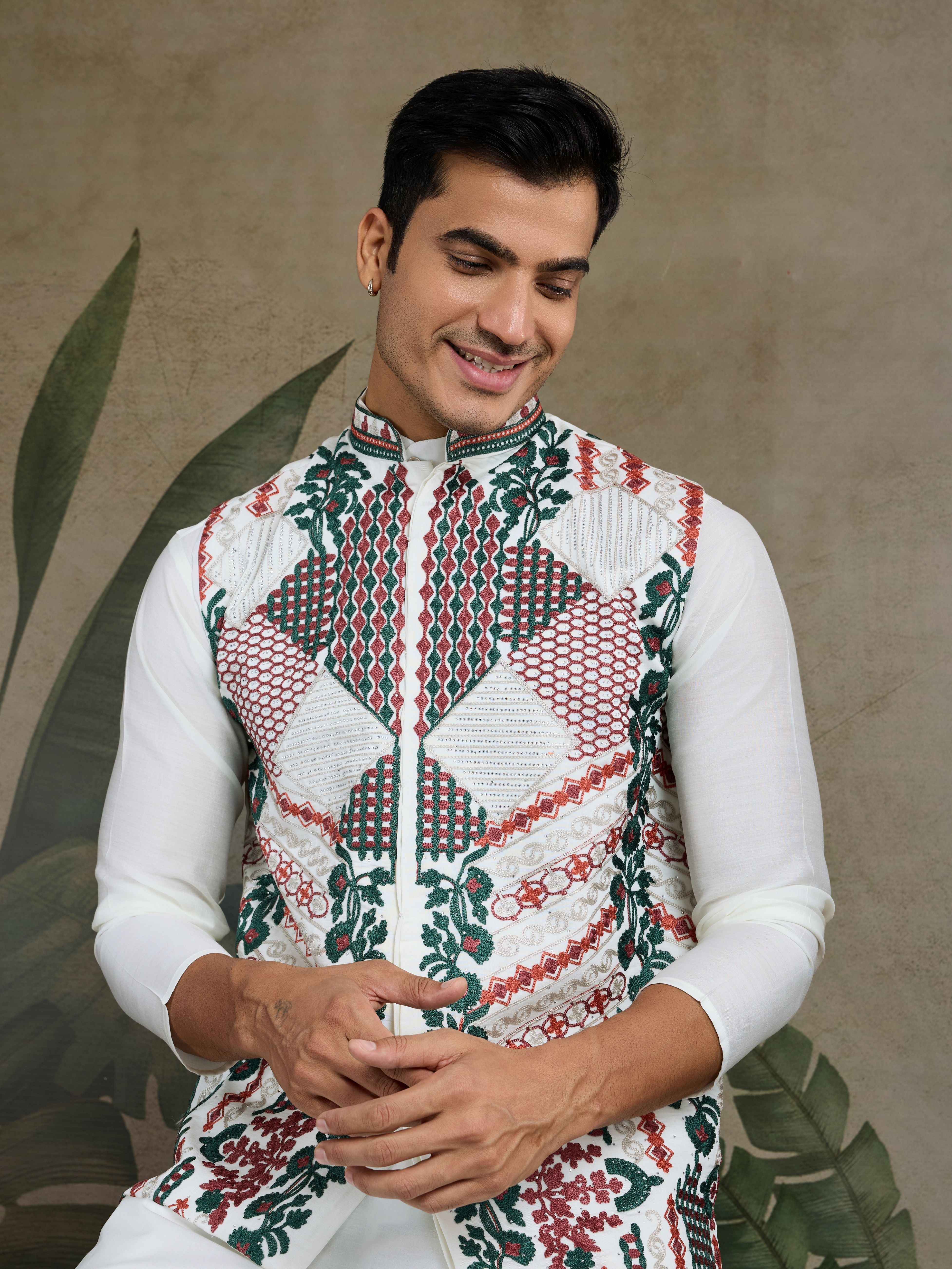 White Viscose Silk Kurta with Swarovski Embroidery &Jacket