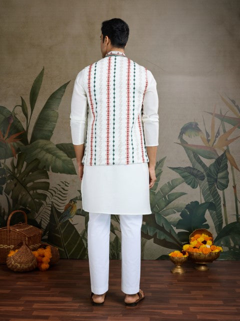 White Viscose Silk Kurta with Swarovski Embroidery &Jacket