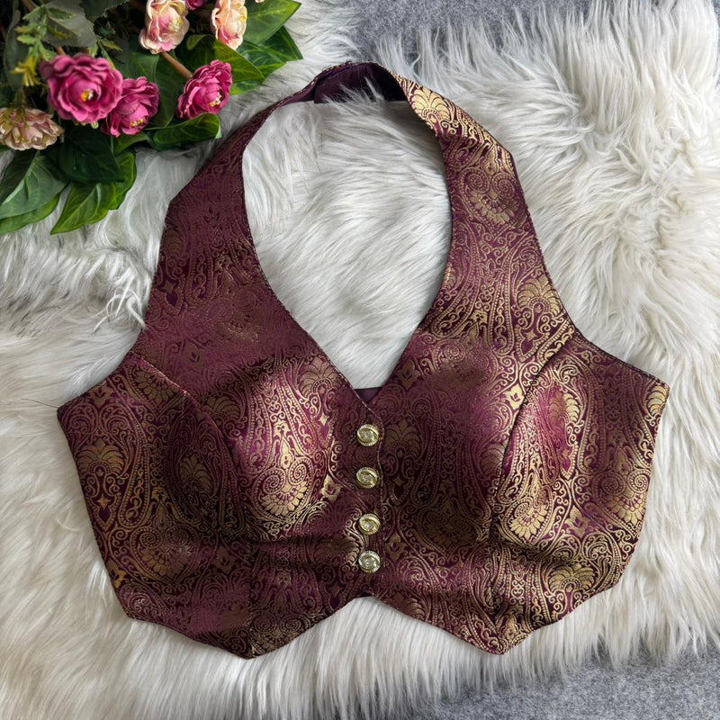 Wine Banarasi Jacquard Silk Halter Neck Blouse with Embroidery & Sequins