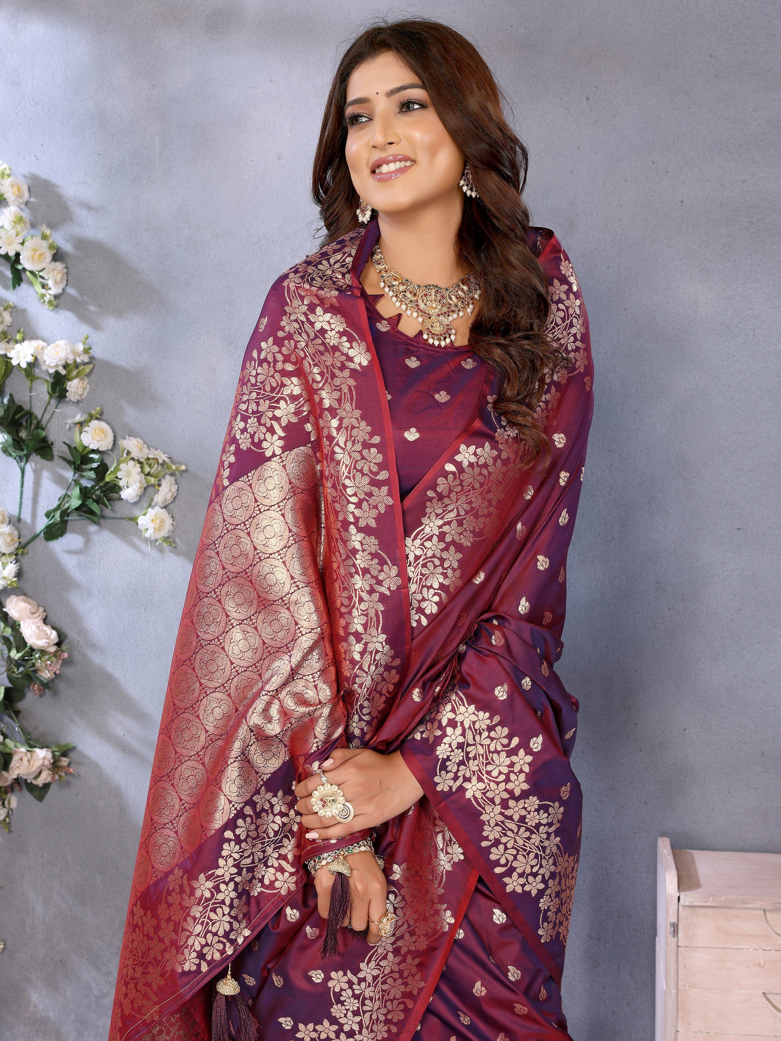Wine Banarasi Silk Jacquard Weving Designer Floral Ceremonial Festive Saree