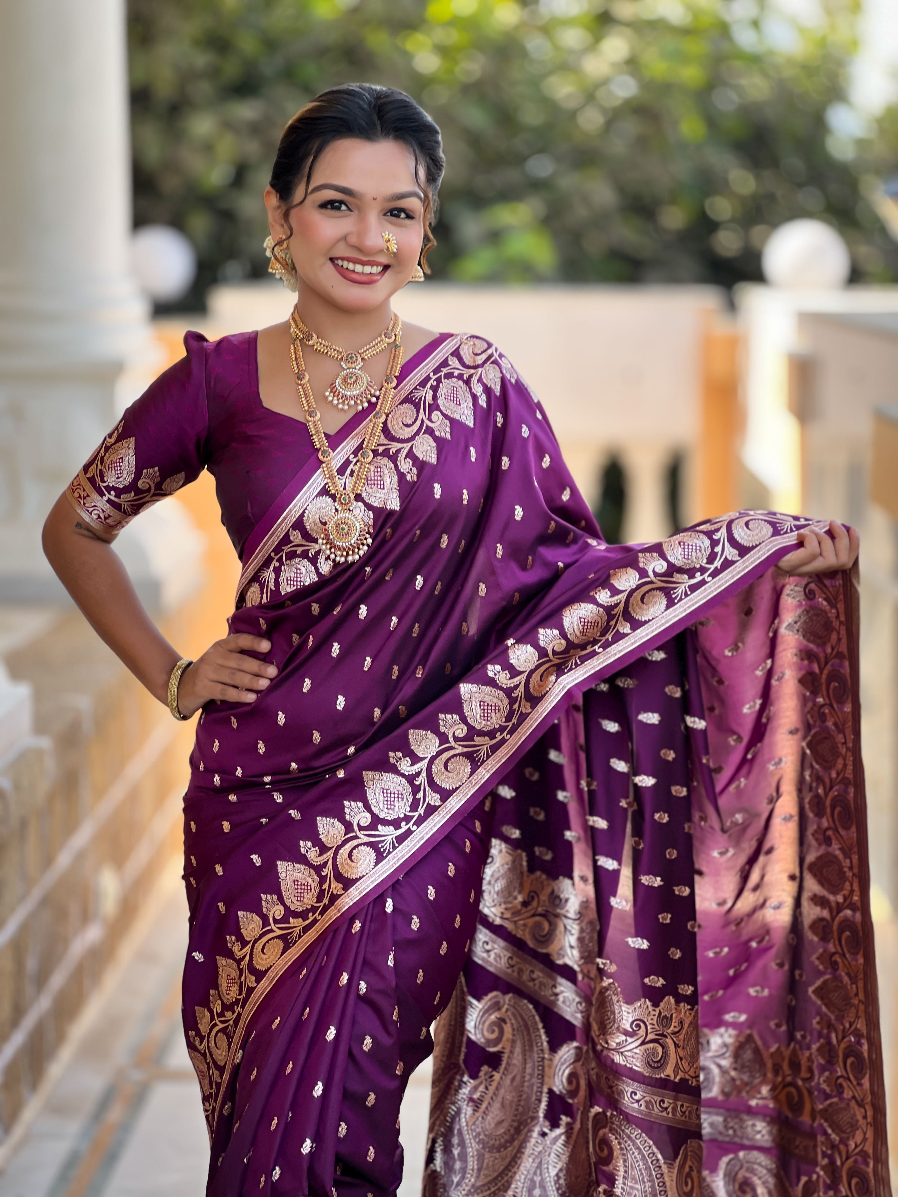 Wine Banarasi Silk Saree With Woven Jacquard Designer Partywear Saree