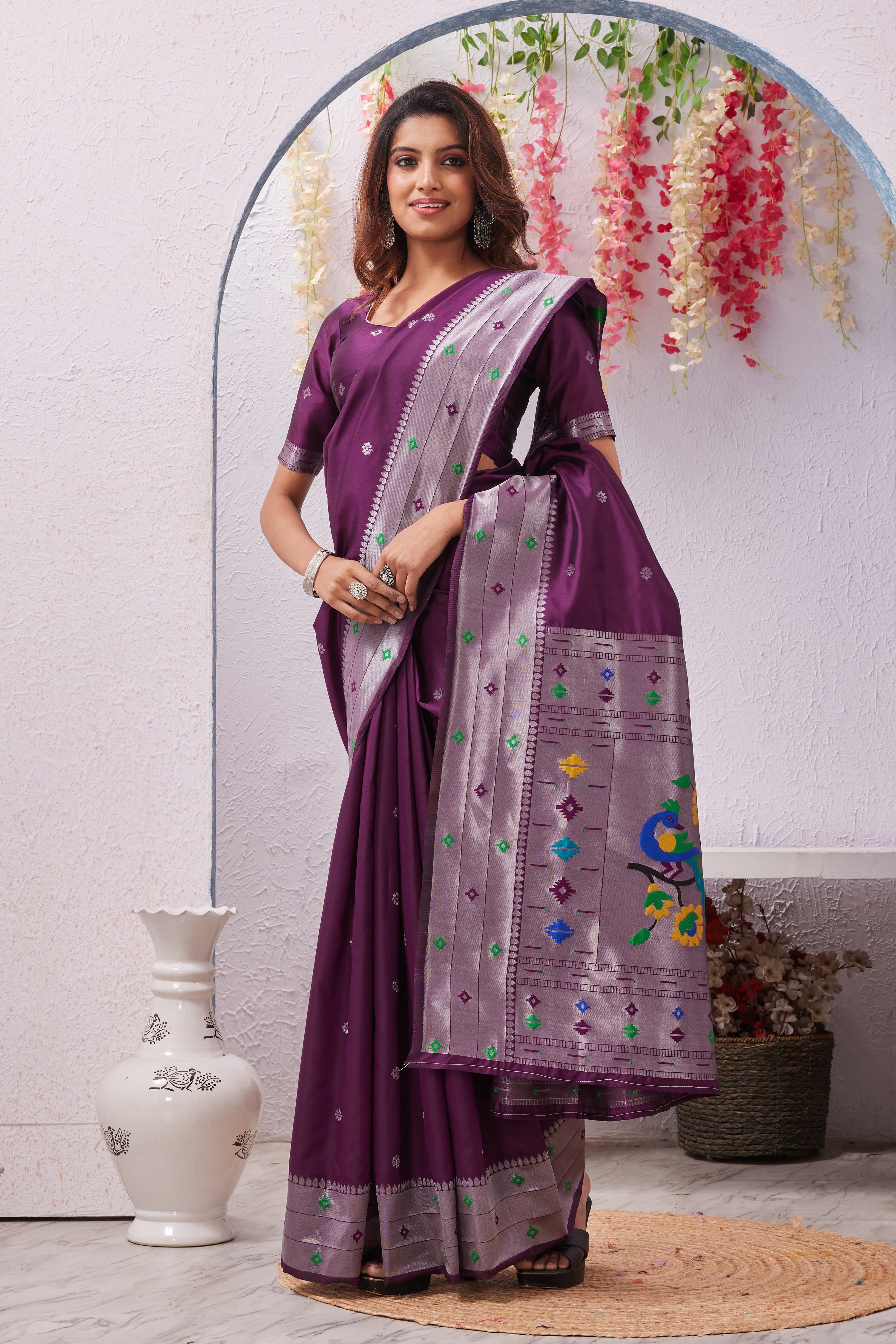 Wine Banarasi Silk Saree with Peacock Motif, Rich Pallu & Jacquard Jari Work