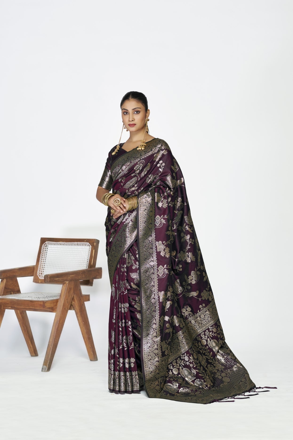 Wine Banarasi Silk Saree with Traditional Weaving