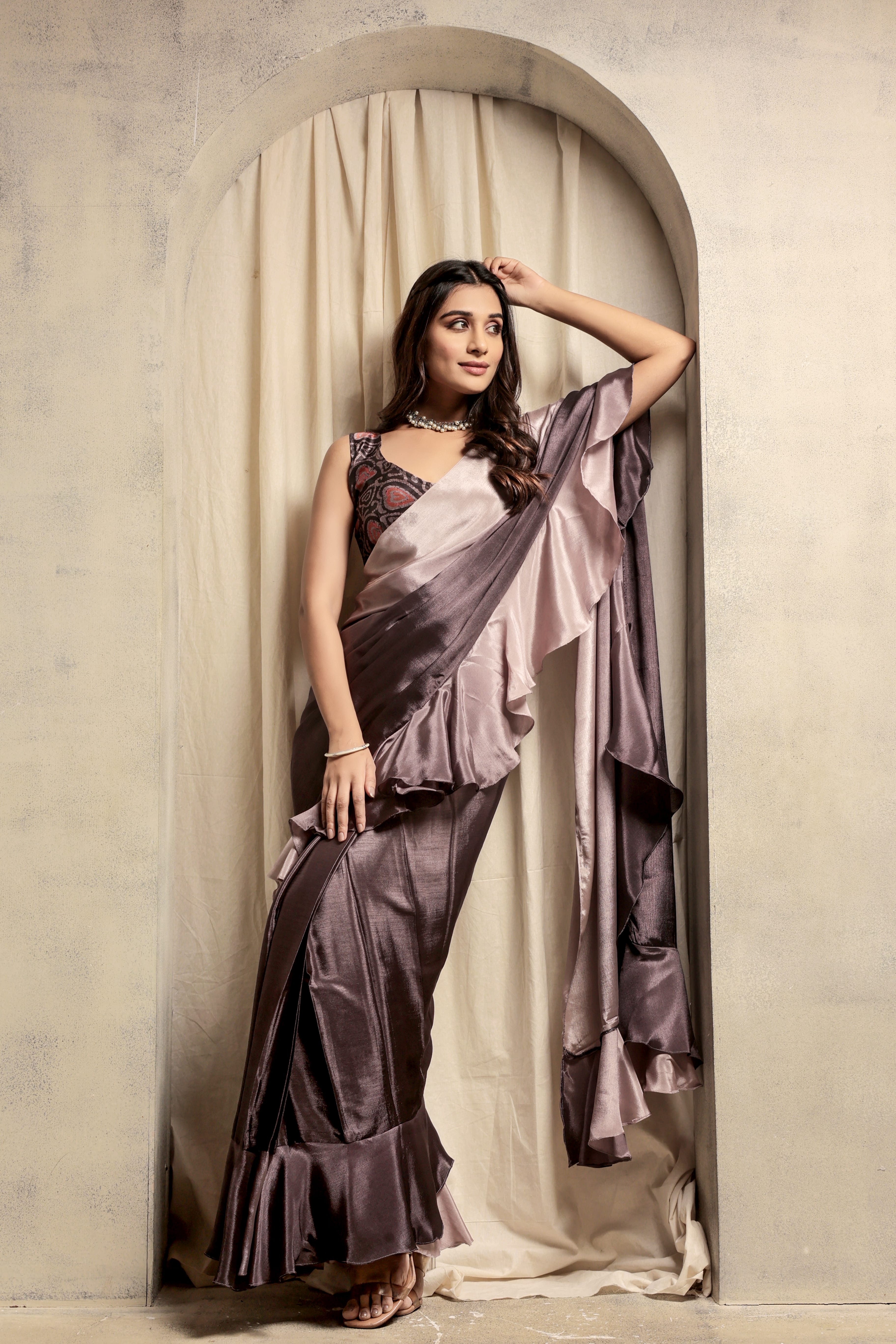 Wine Beautiful Bollywood Style Satin Partywear Saree