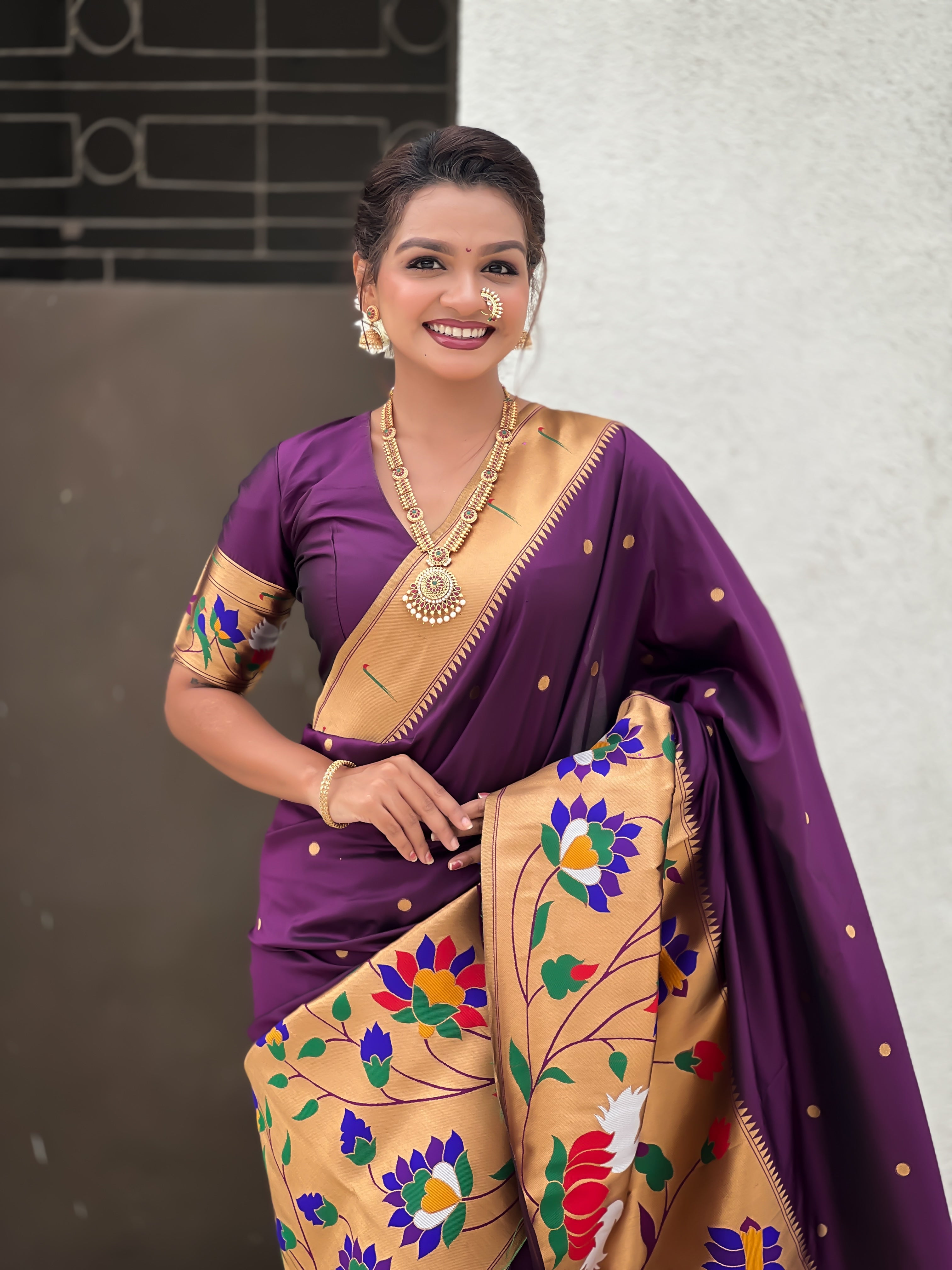 Wine Beautiful Woven Meenakari Polka Designer Paithani Silk Ethnic Graceful Saree