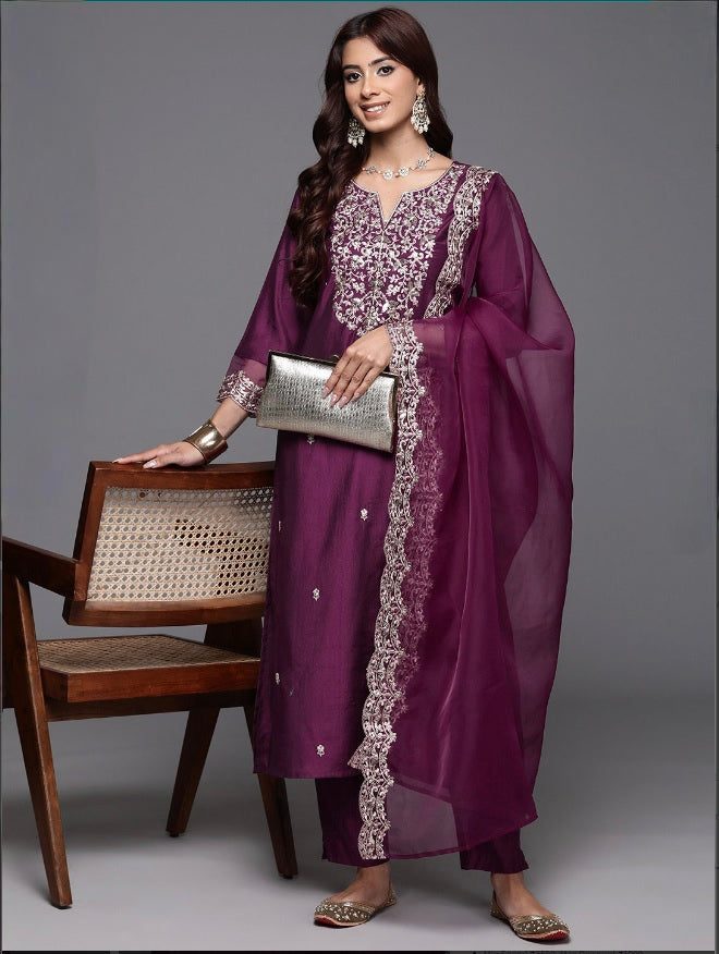 Wine Chanderi Kurta Pant Set With Heavy Thread Embroidered Work