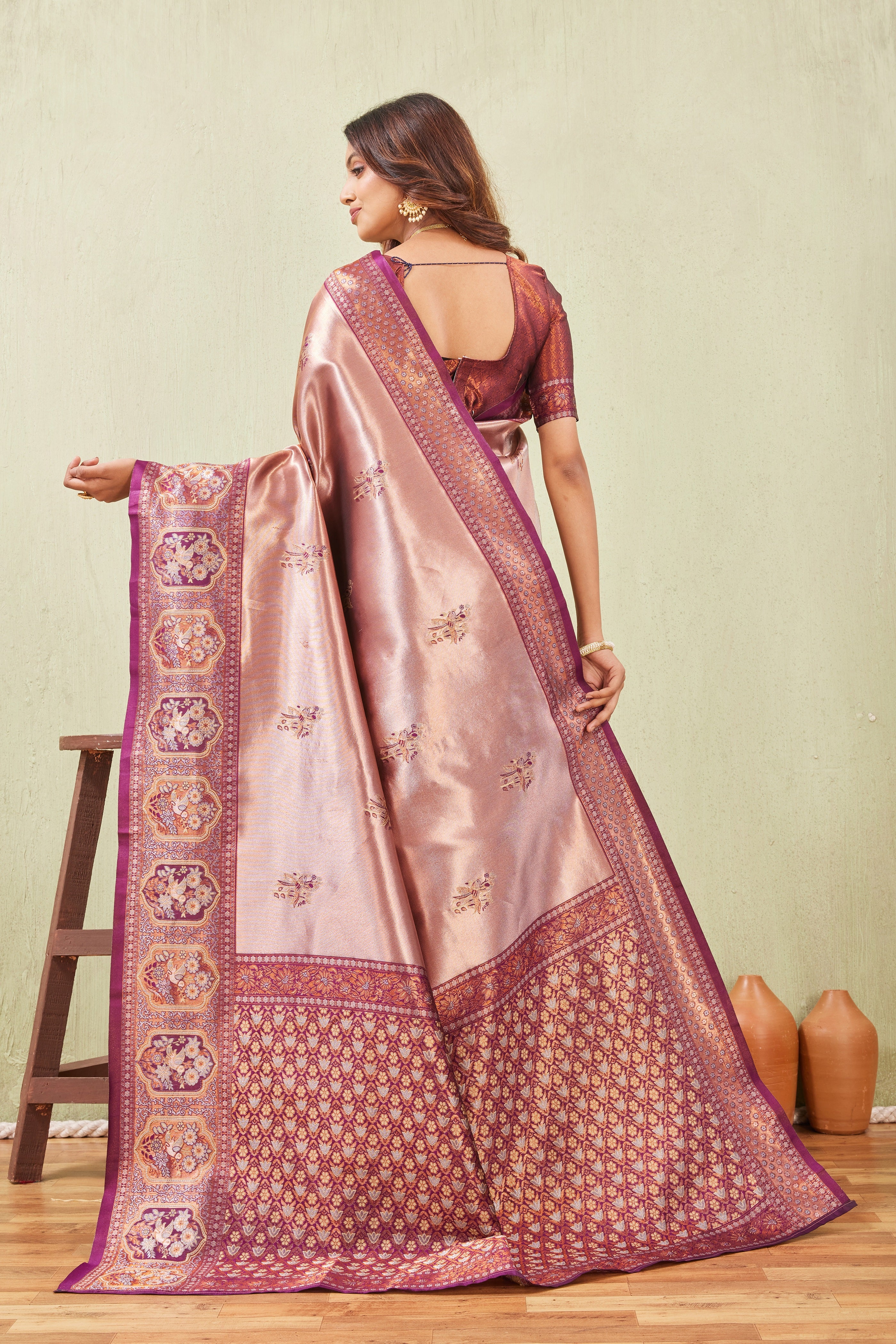 Wine Chiku Banarasi Silk Saree with Rich Pallu & Elegant Jacquard Jari Work