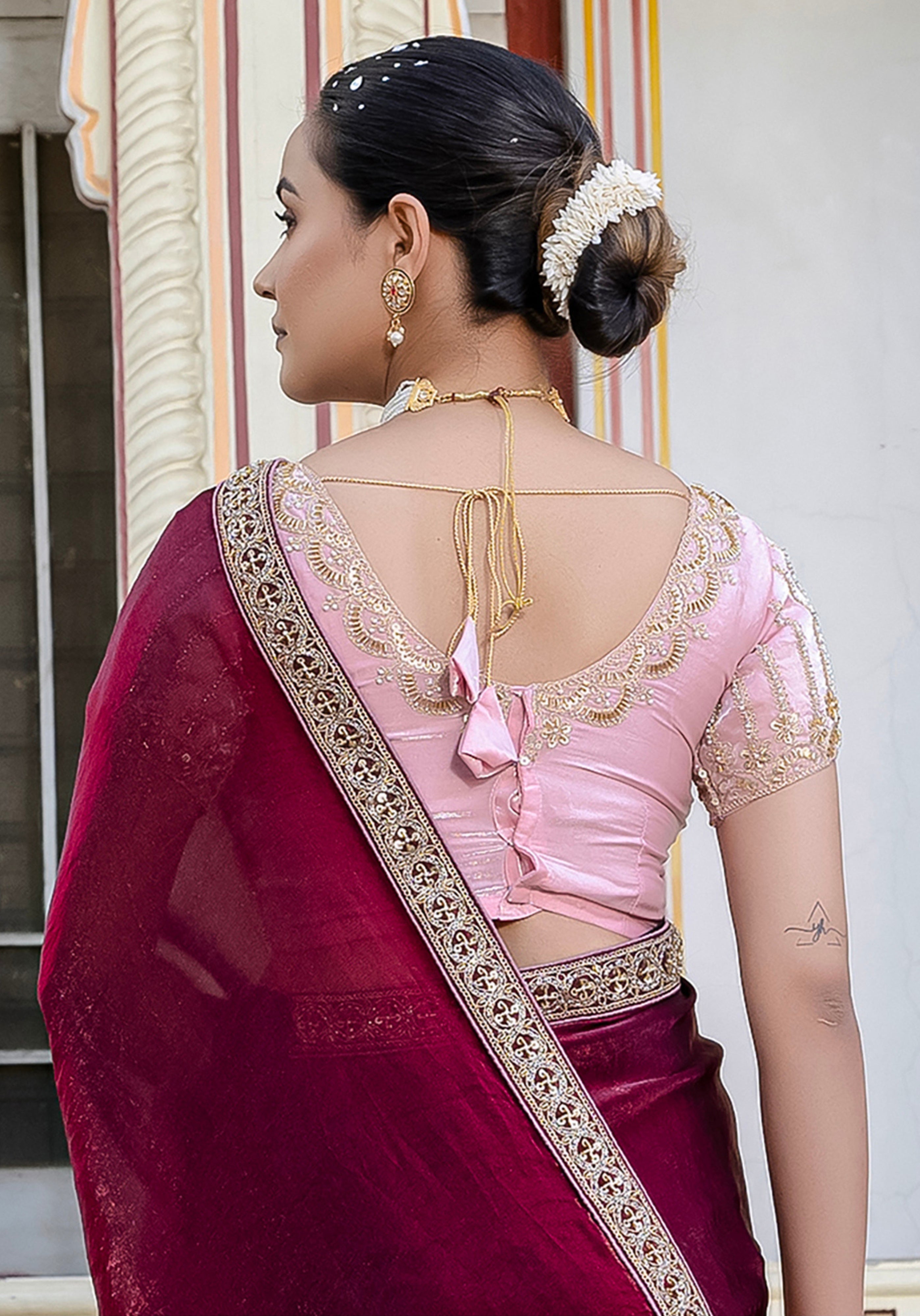Wine Color Satin with Velvet Lustre Saree With Handwork Lace