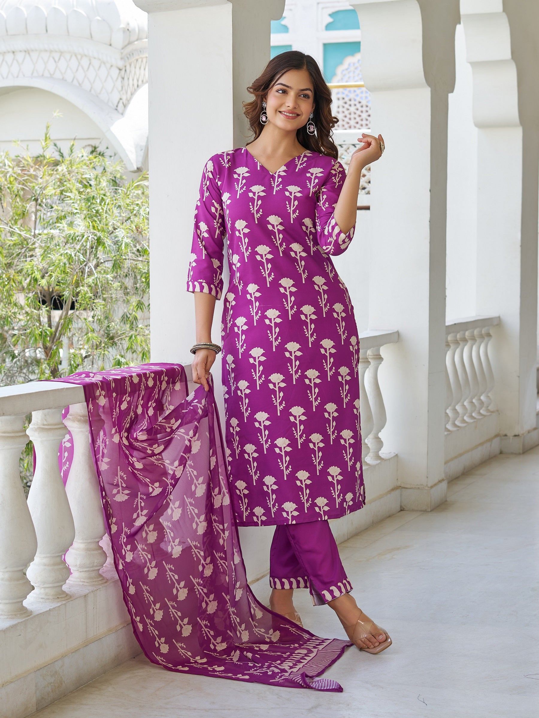 Wine Cotton Blend Kurta Pant Set Printed