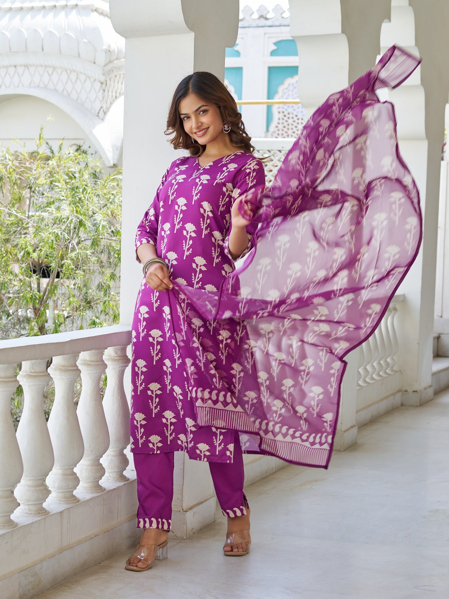 Wine Cotton Blend Kurta Pant Set Printed
