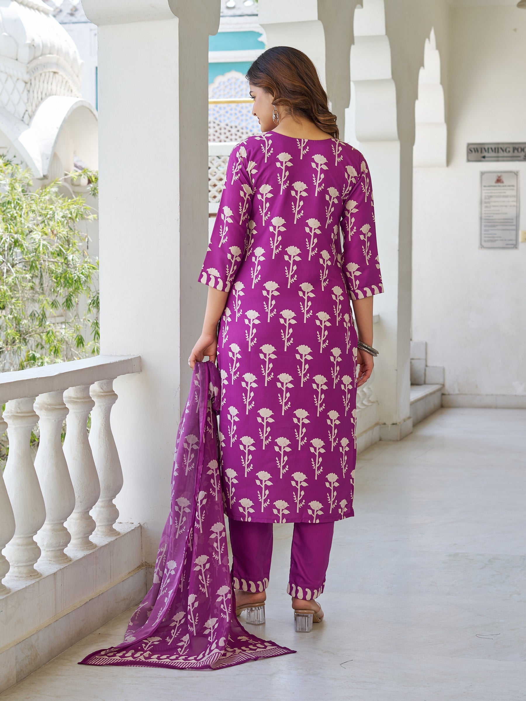 Wine Cotton Blend Kurta Pant Set Printed