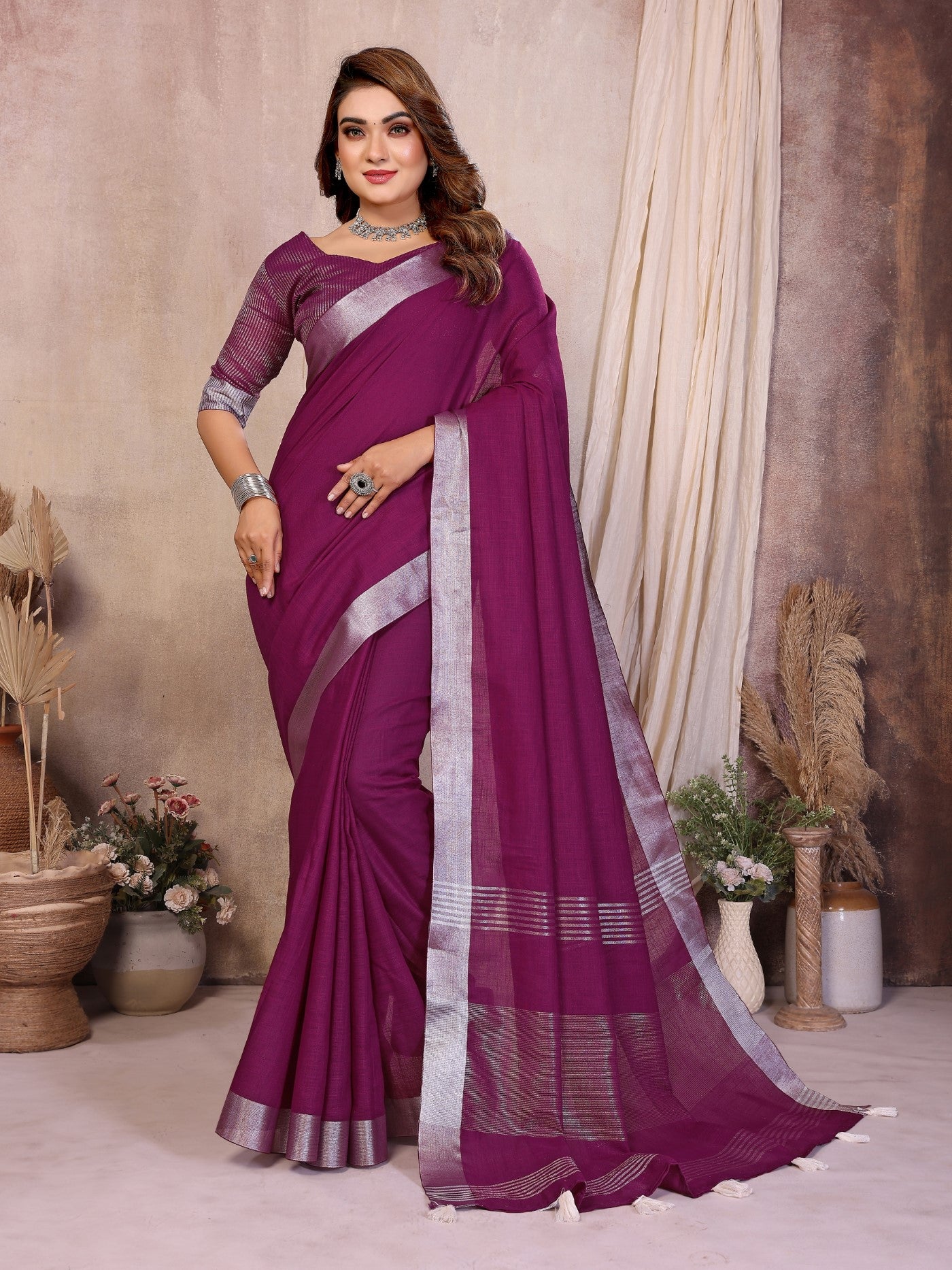 Wine Cotton Saree With Classic Silver Zari Border