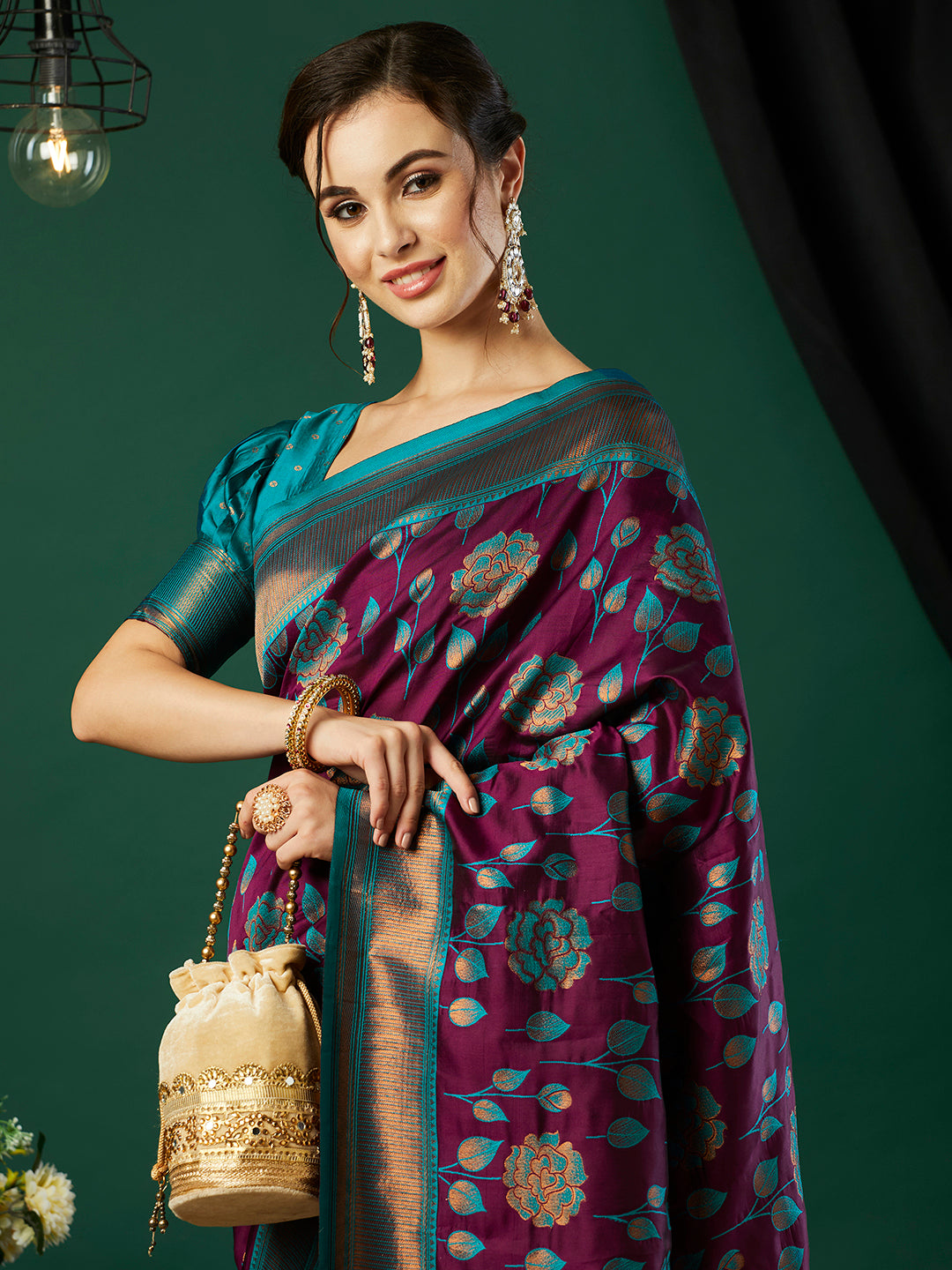 Wine Ethnic Banarasi Silk Saree With Floral Woven Designer Looks