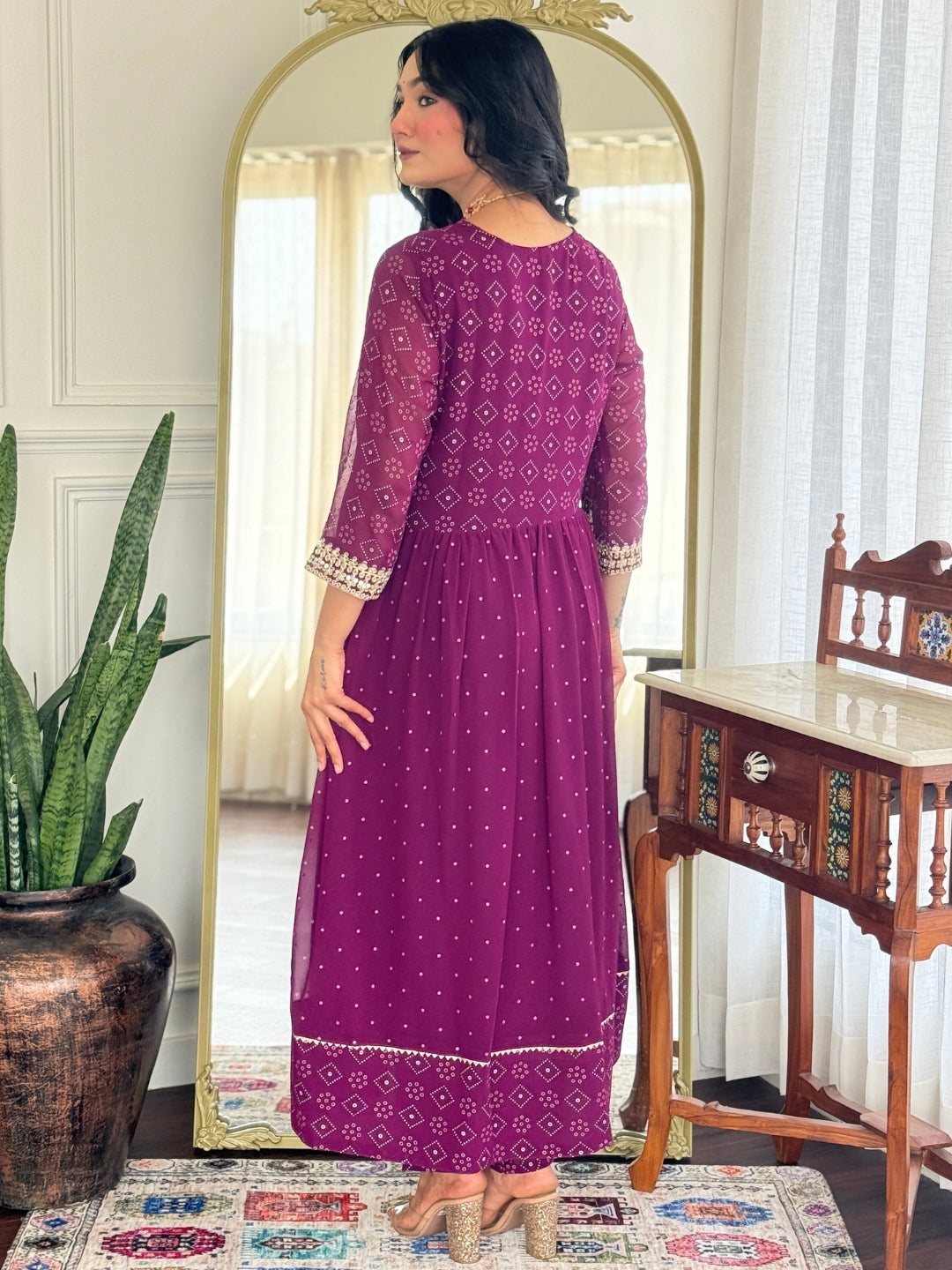 Wine Georgette Elegant Kurta Pant Set With Embroidery Work