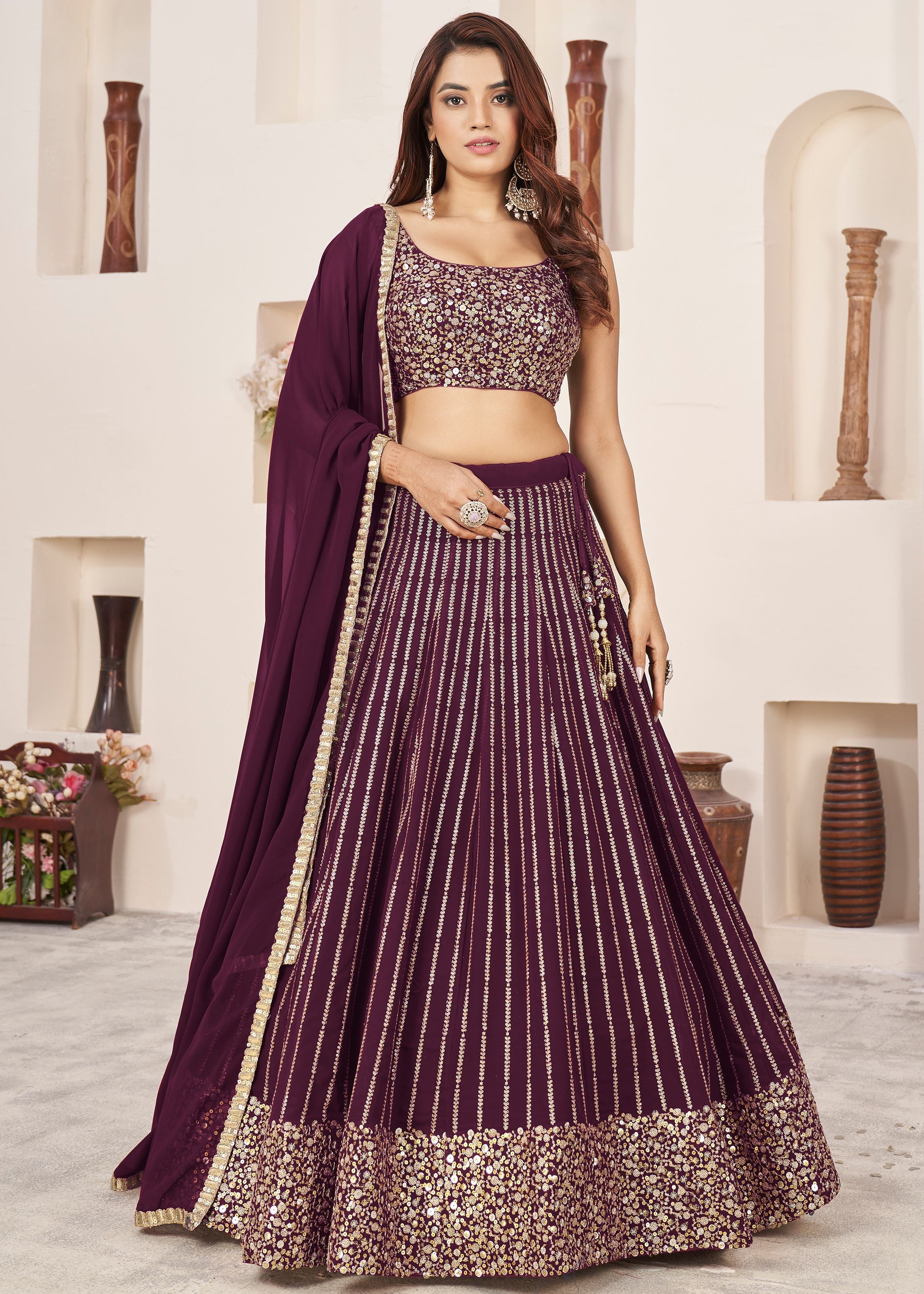 Wine Georgette Lehenga Choli With Sequins Zari Embroidered Work