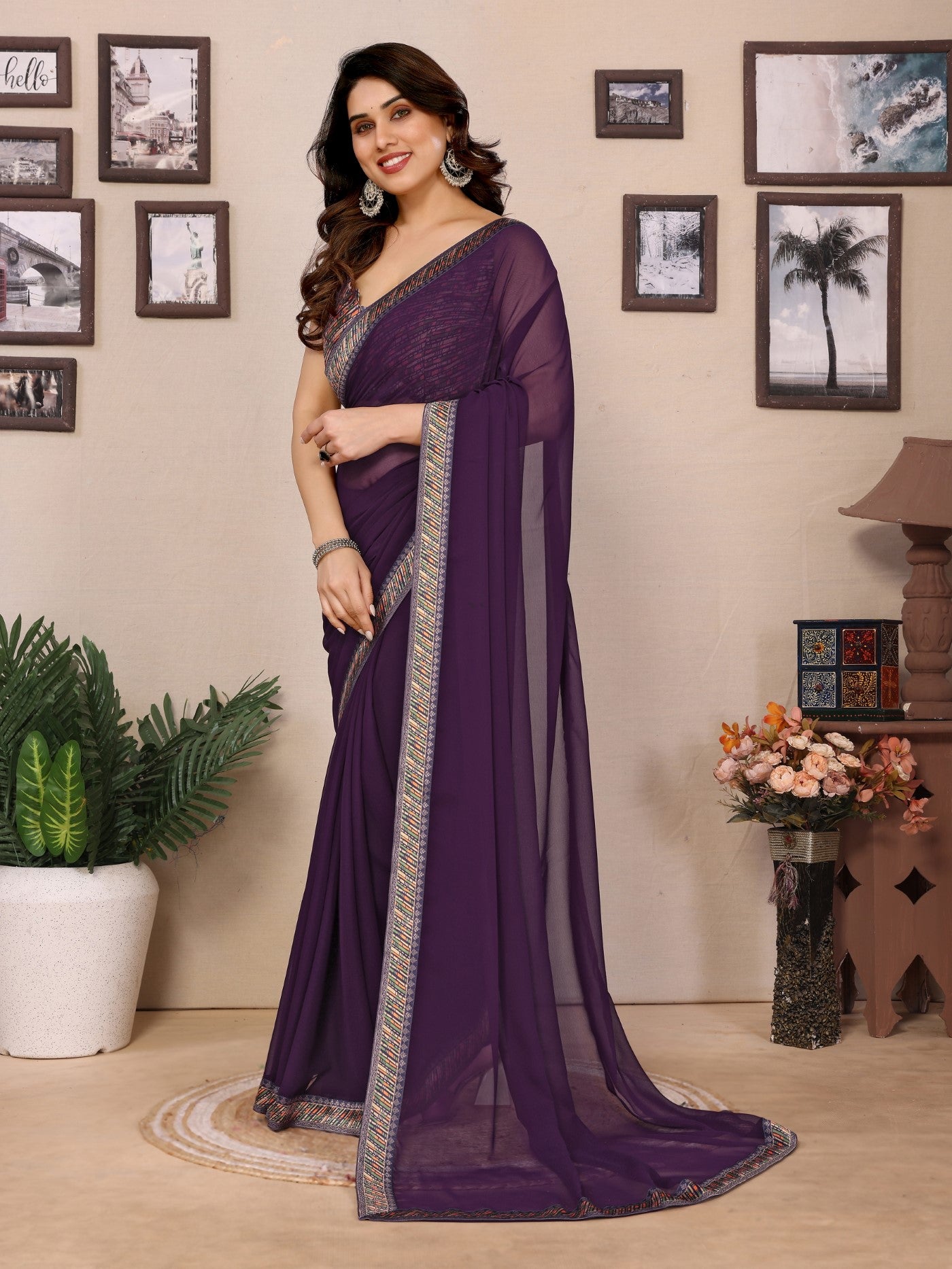 Wine Georgette Saree With Plain Design And Digital Print Blouse