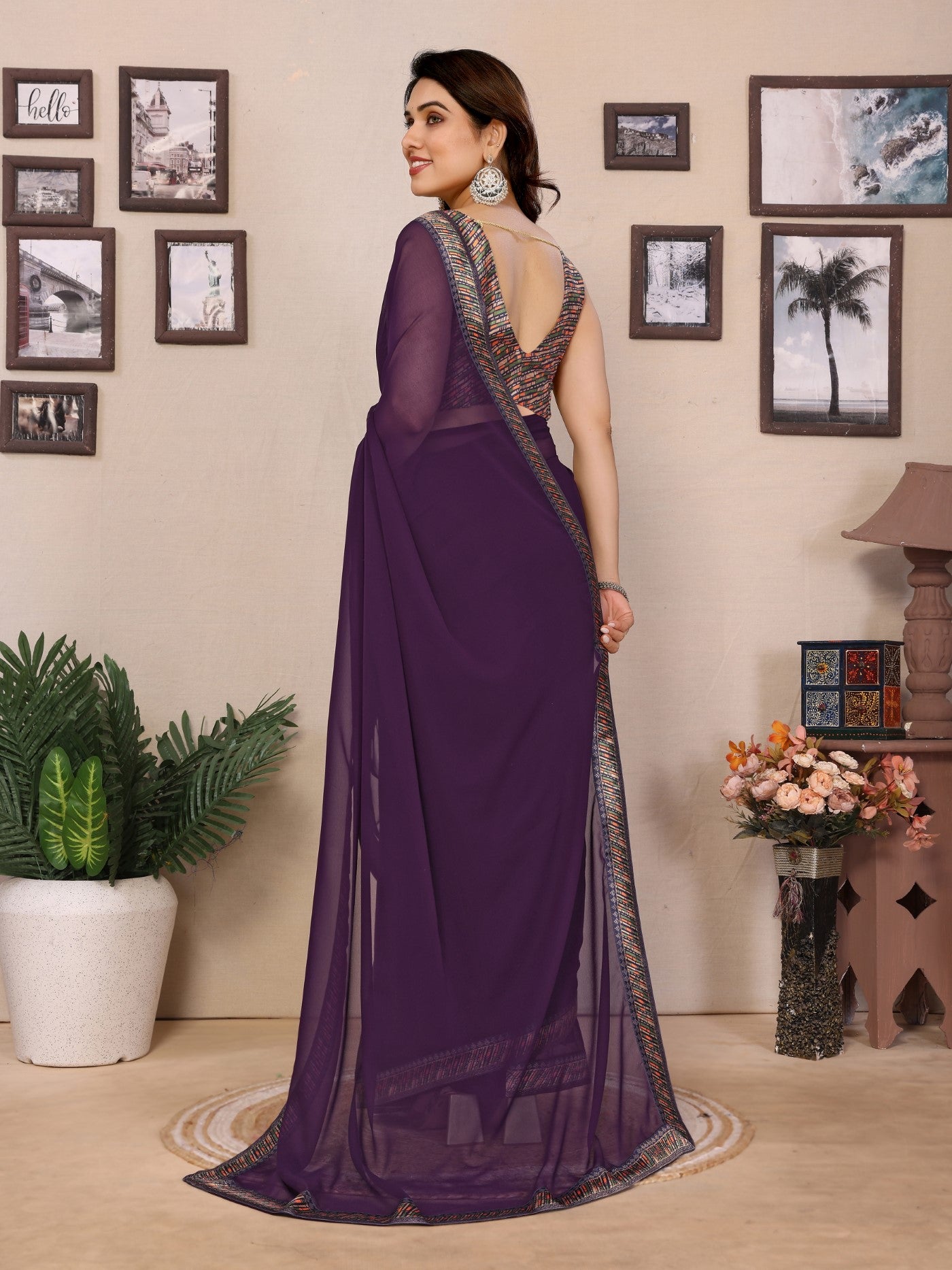 Wine Georgette Saree With Plain Design And Digital Print Blouse