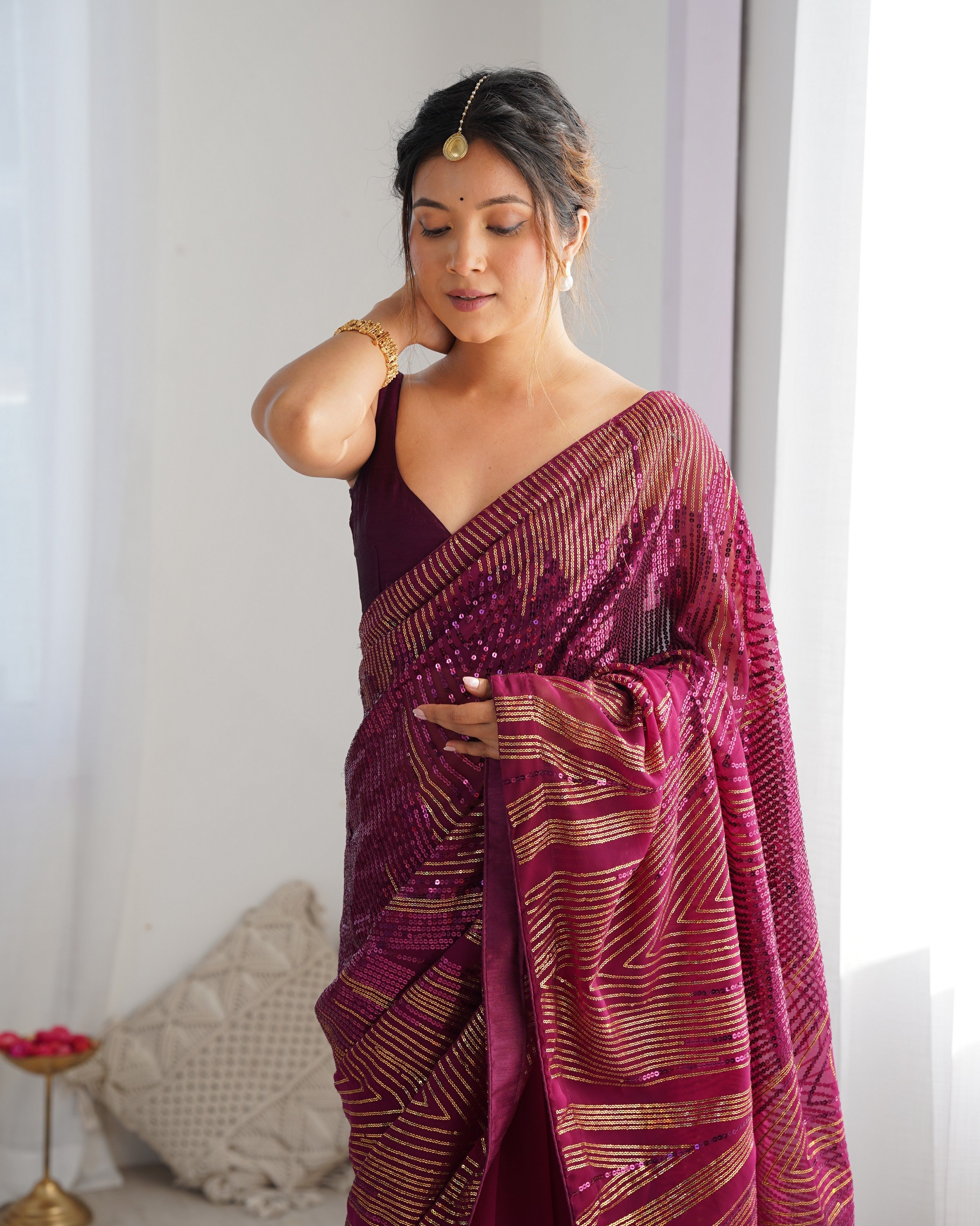 Wine Georgette Sequins Designer Girlie Fancy Saree
